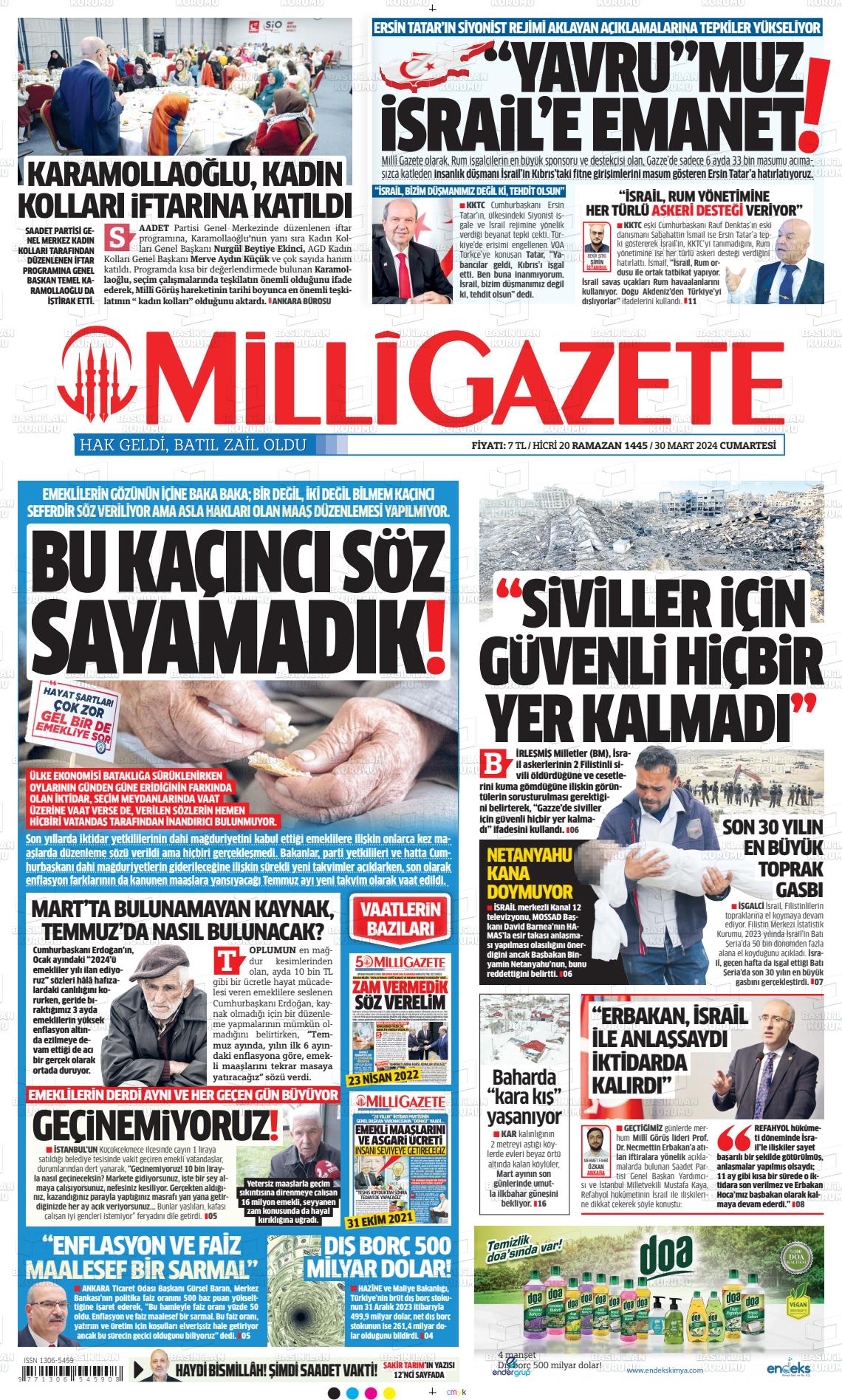 30 Mart 2024 Milli Gazete Gazete Manşeti