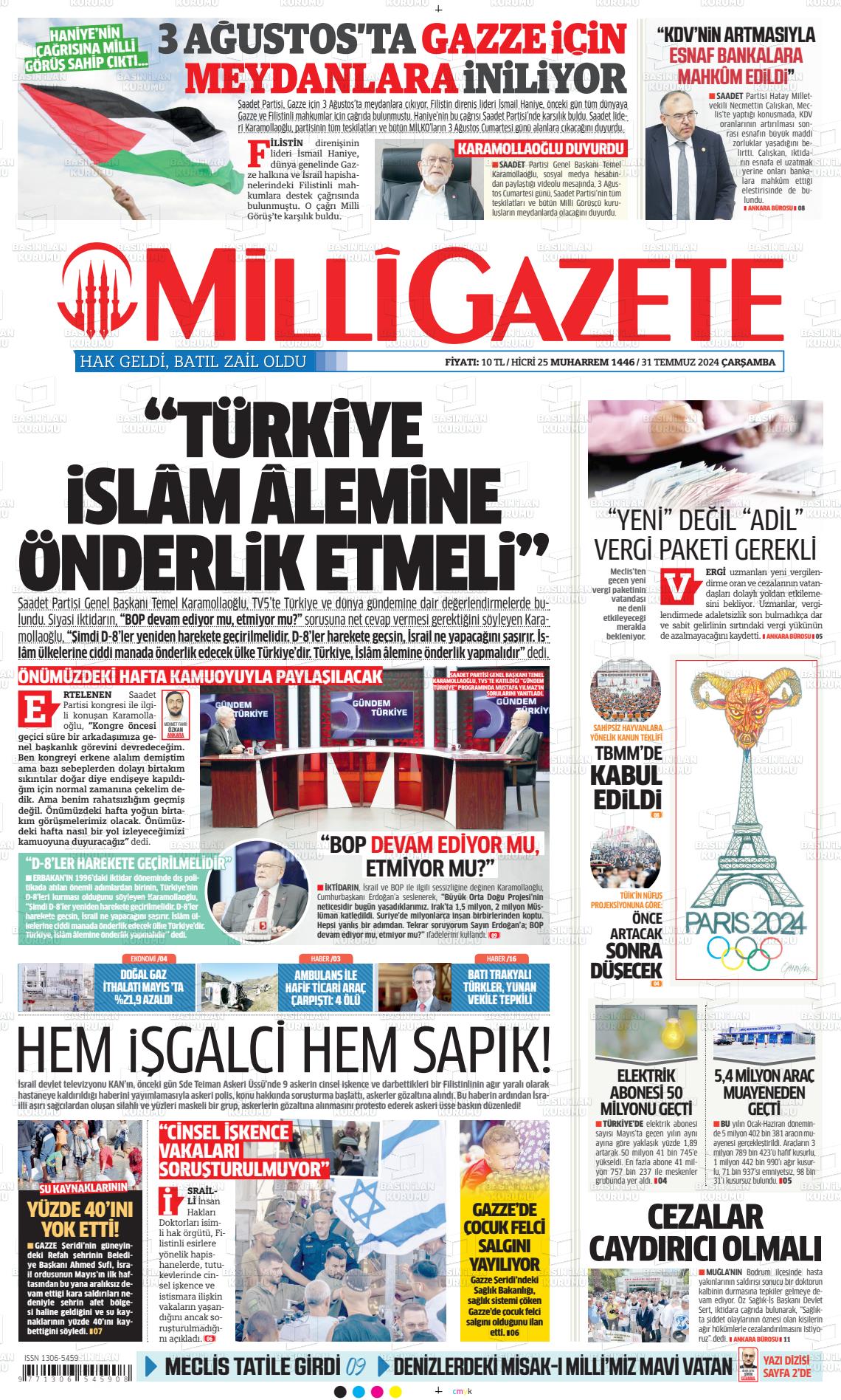 31 Temmuz 2024 Milli Gazete Gazete Manşeti