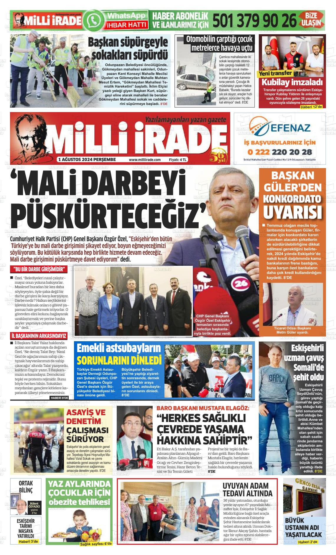 01 Ağustos 2024 Milli İrade Gazete Manşeti