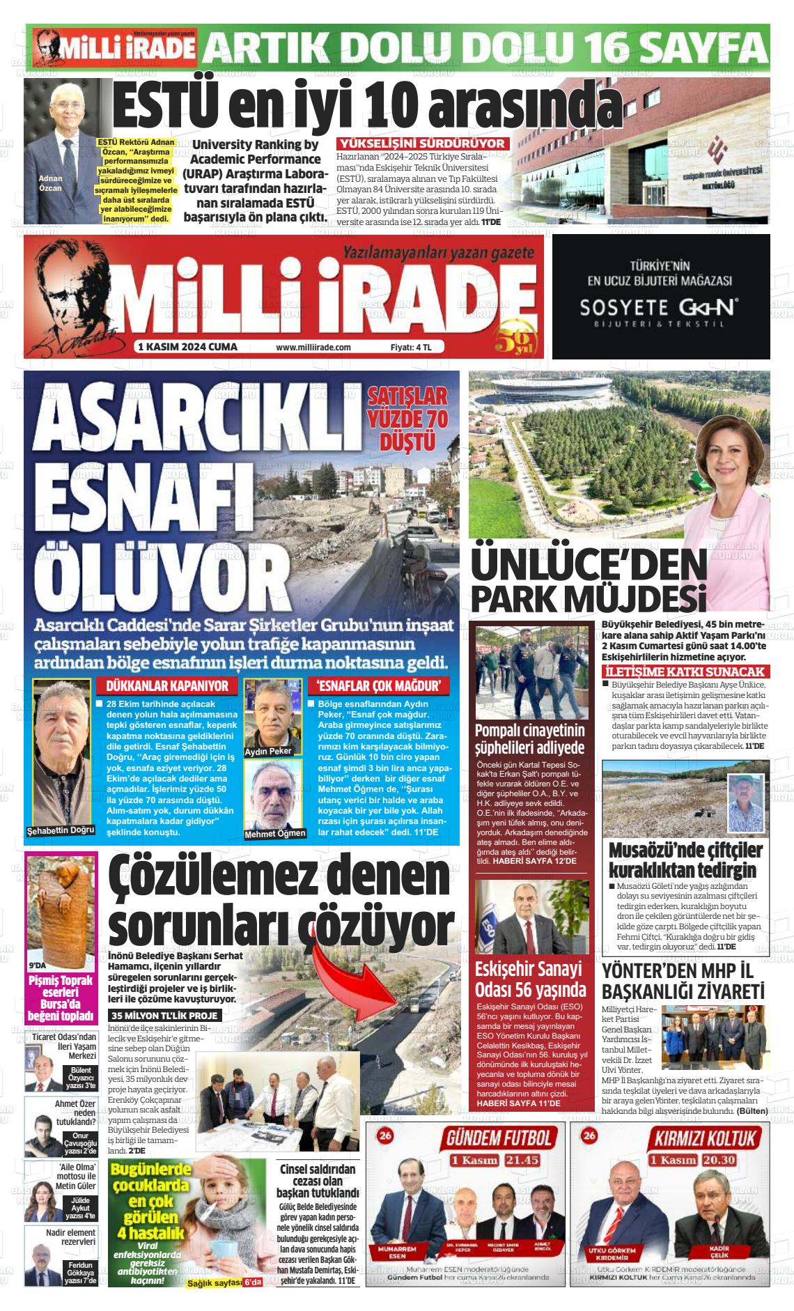 01 Kasım 2024 Milli İrade Gazete Manşeti