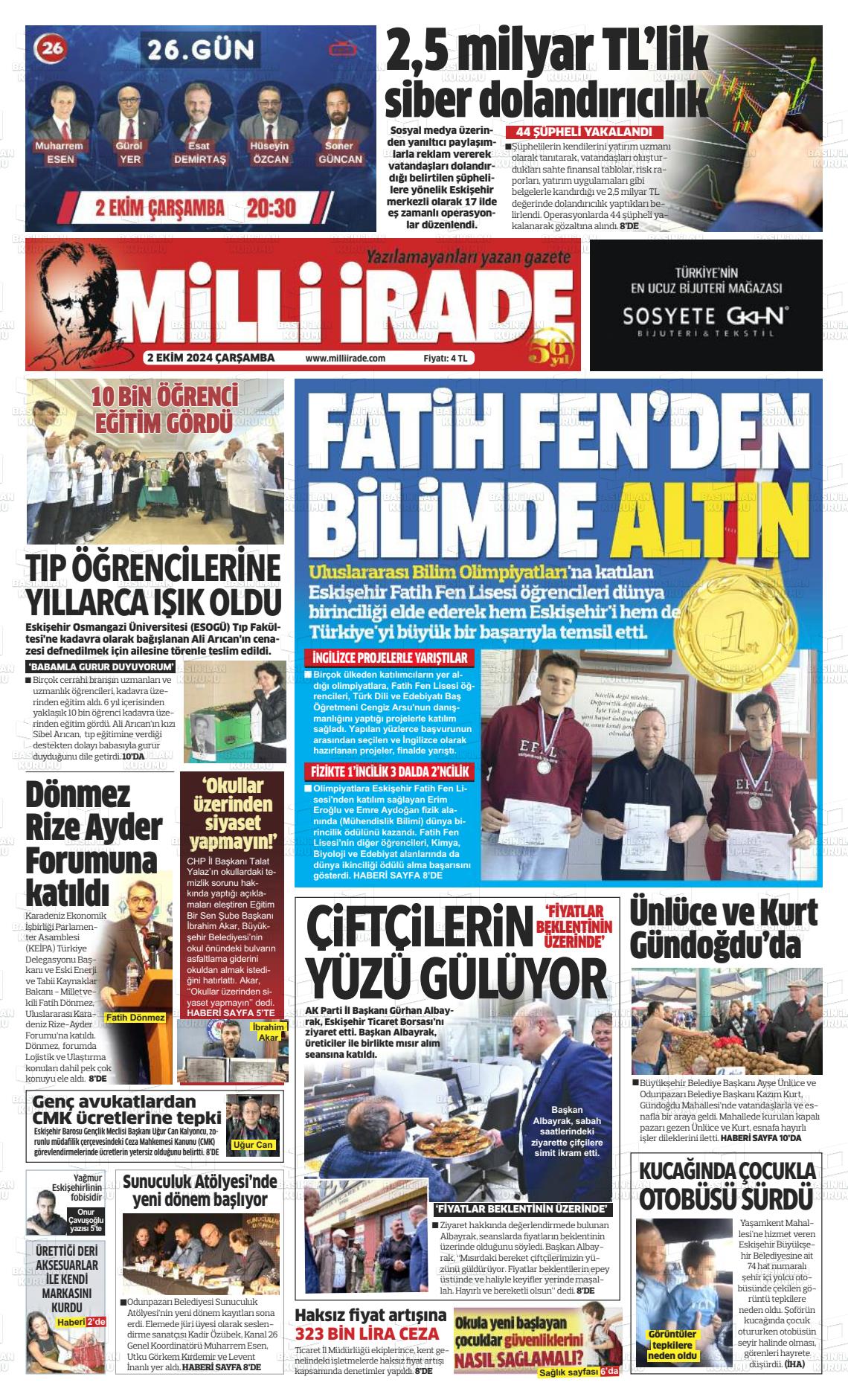 02 Ekim 2024 Milli İrade Gazete Manşeti