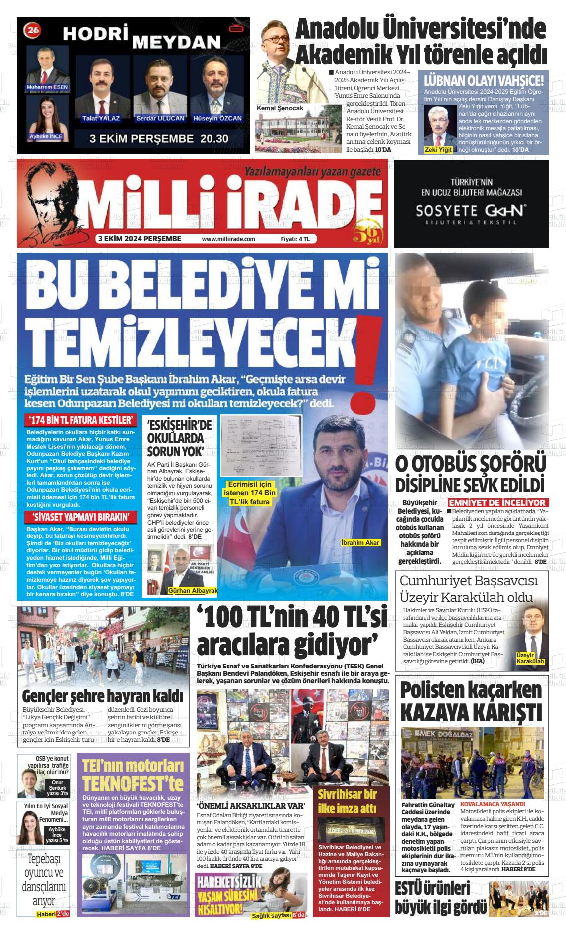 03 Ekim 2024 Milli İrade Gazete Manşeti