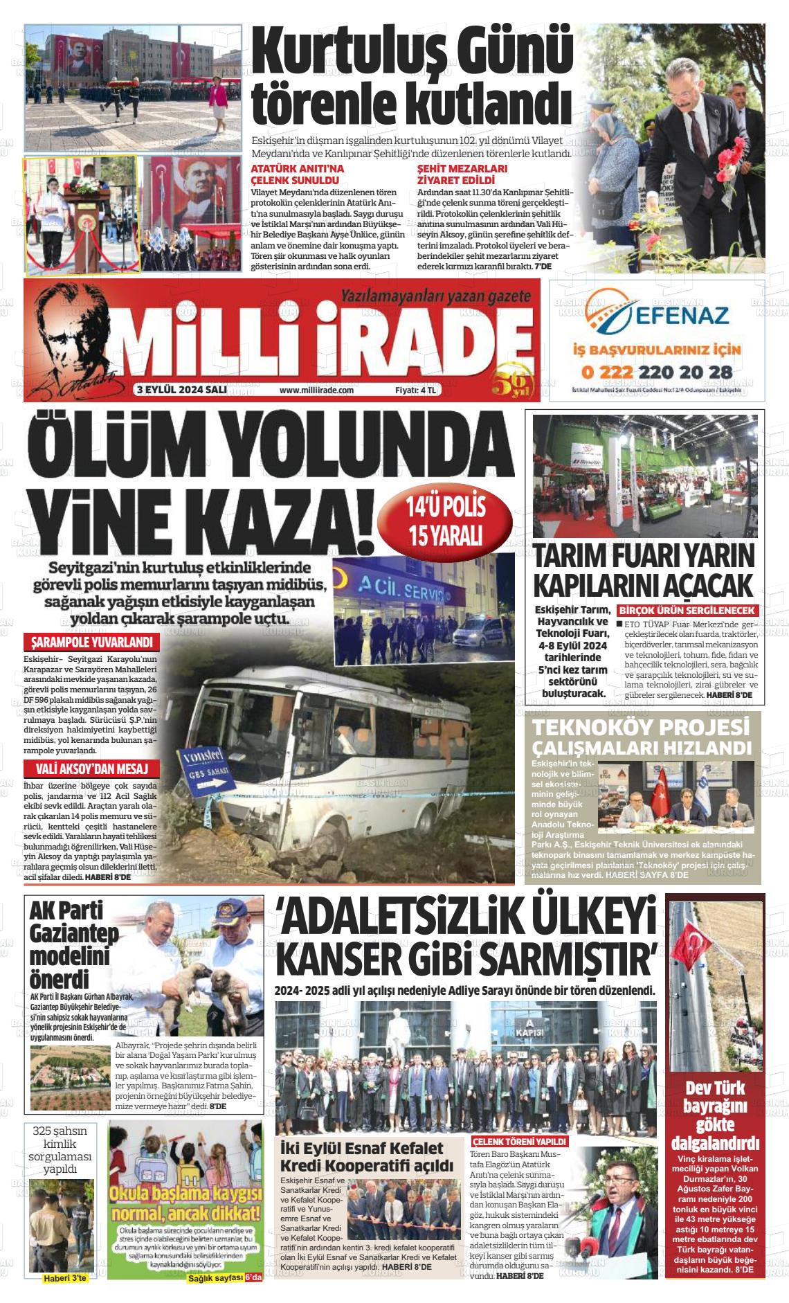 03 Eylül 2024 Milli İrade Gazete Manşeti