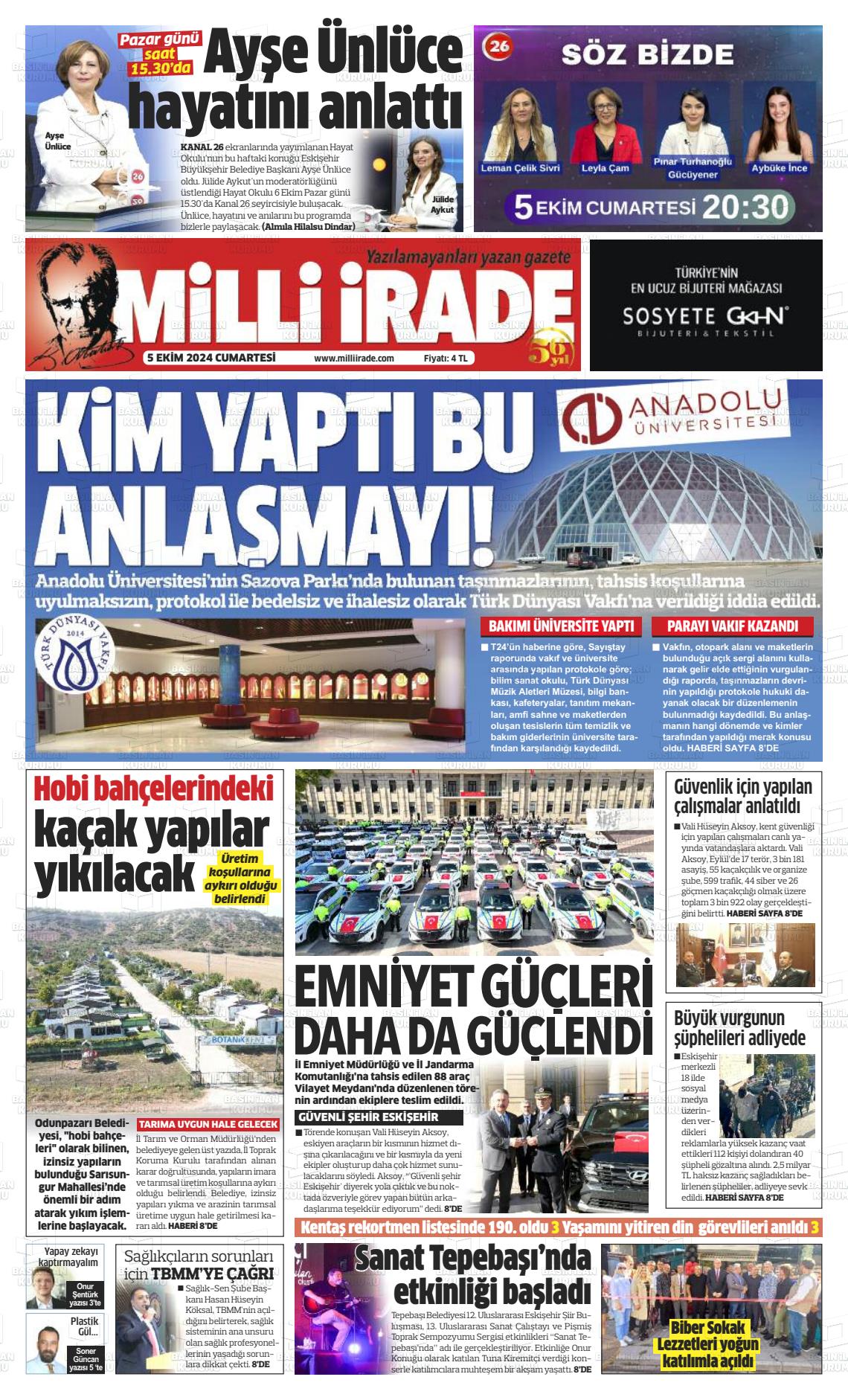 05 Ekim 2024 Milli İrade Gazete Manşeti