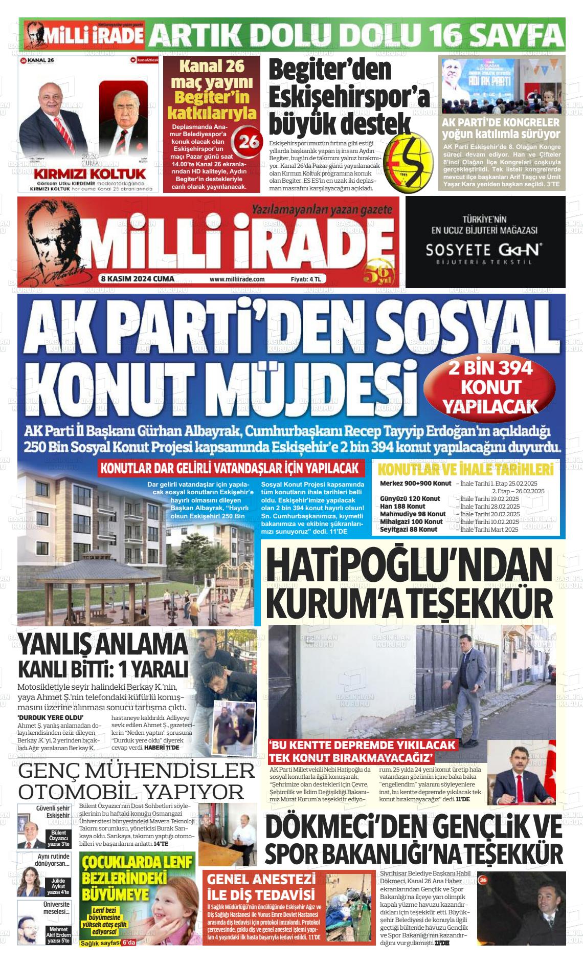 08 Kasım 2024 Milli İrade Gazete Manşeti