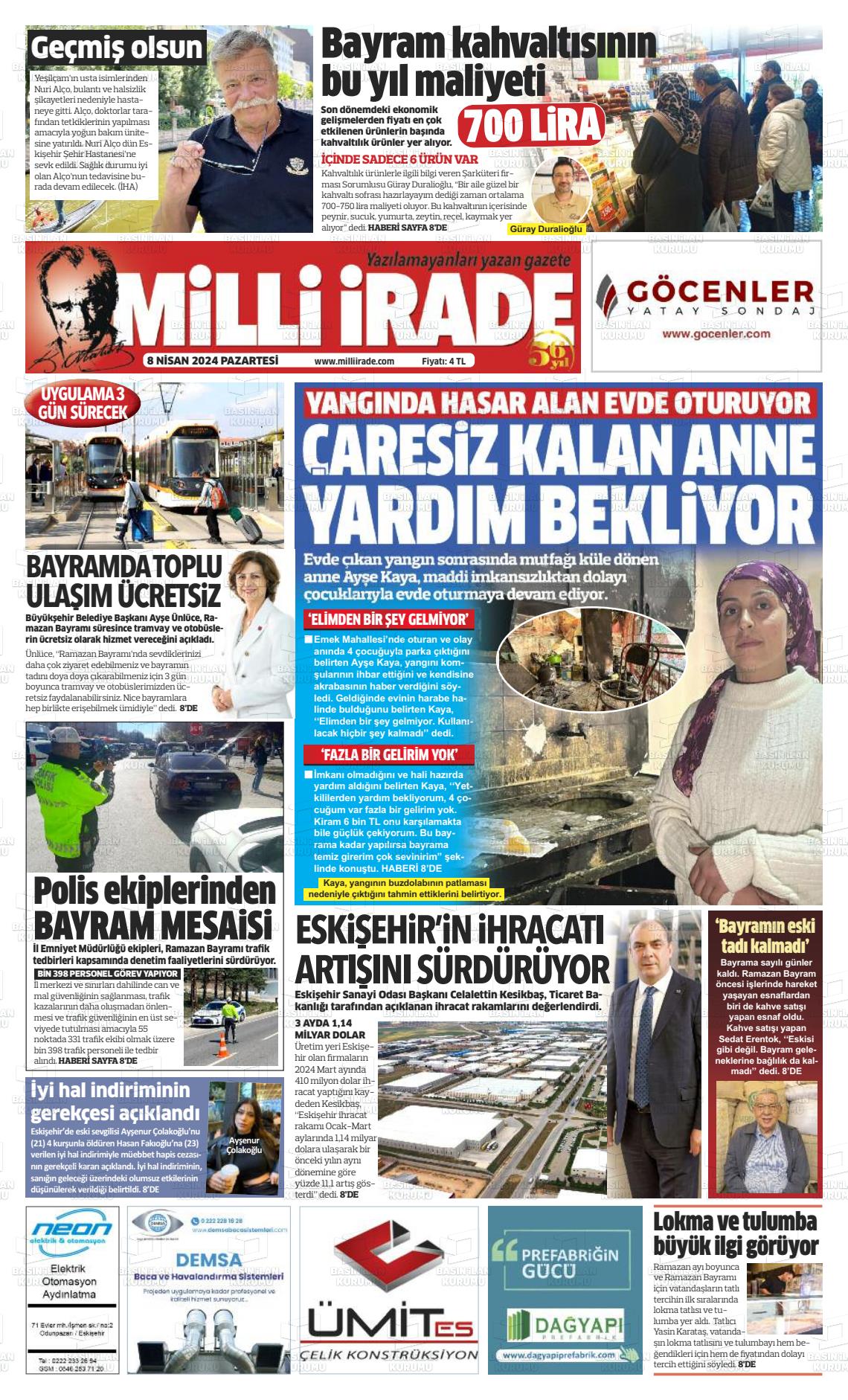 08 Nisan 2024 Milli İrade Gazete Manşeti