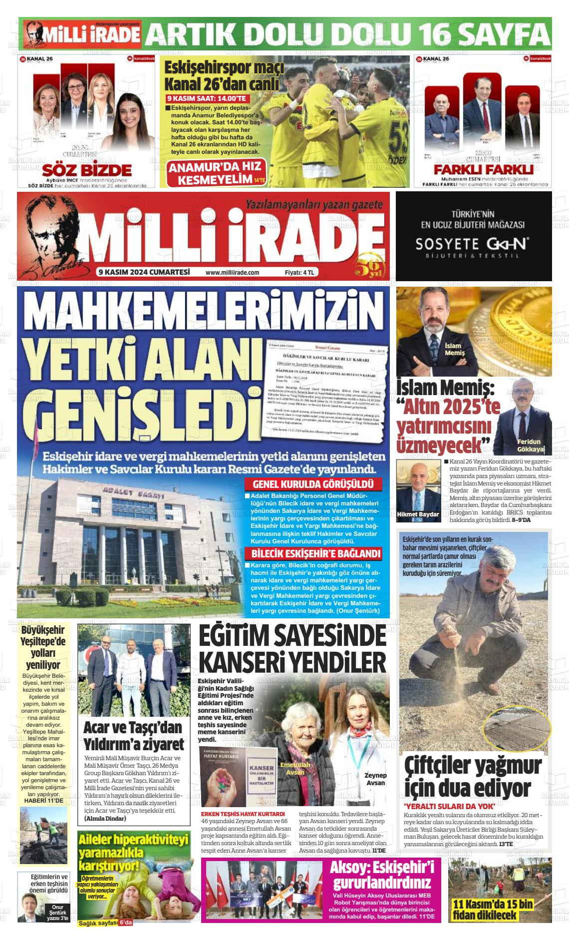 09 Kasım 2024 Milli İrade Gazete Manşeti