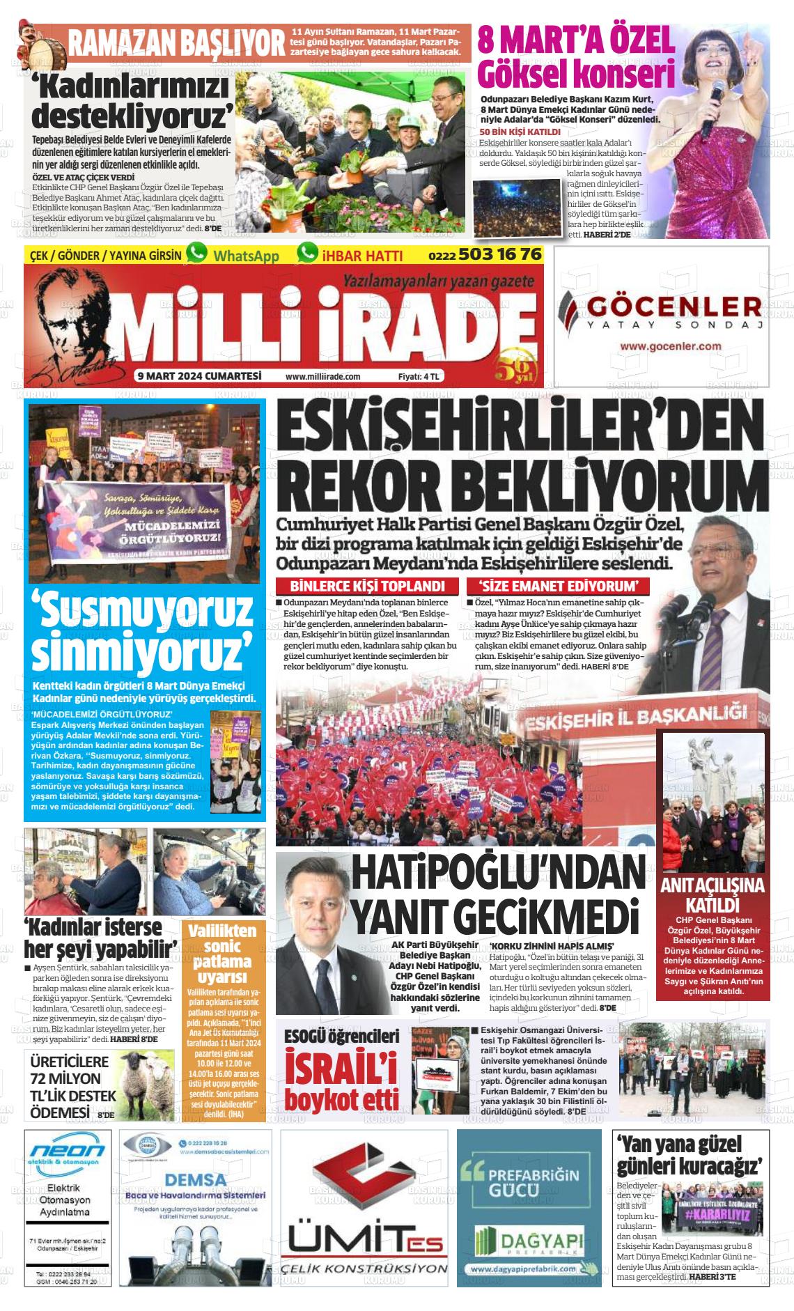 09 Mart 2024 Milli İrade Gazete Manşeti