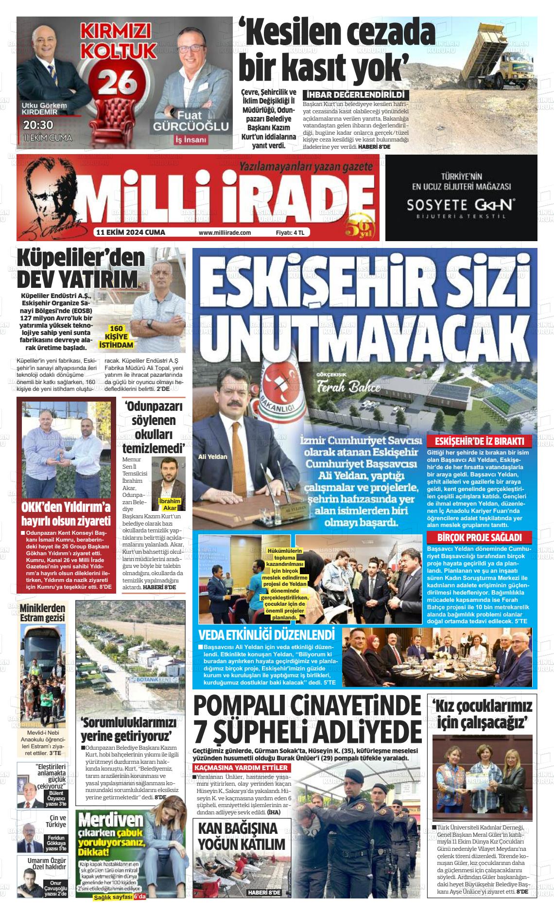 11 Ekim 2024 Milli İrade Gazete Manşeti