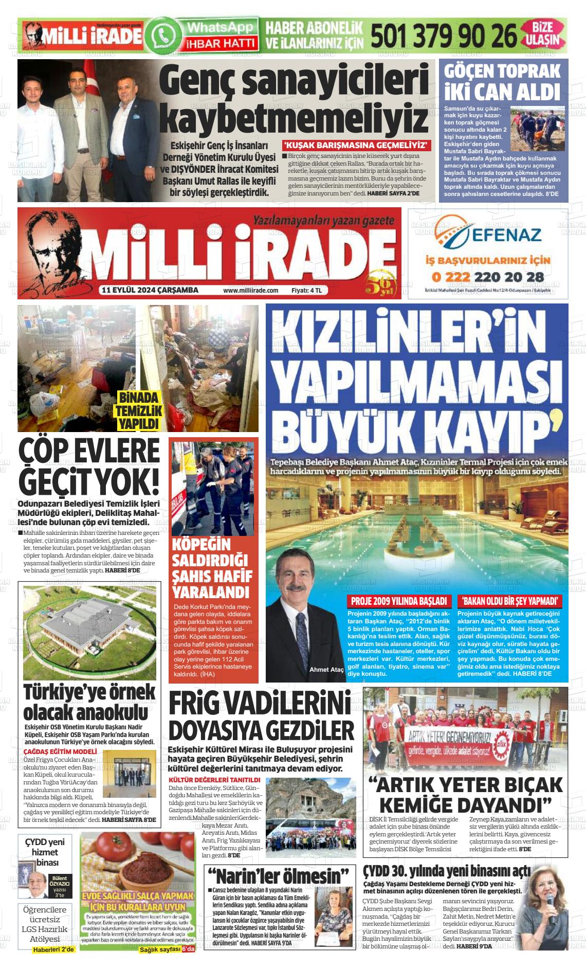 11 Eylül 2024 Milli İrade Gazete Manşeti