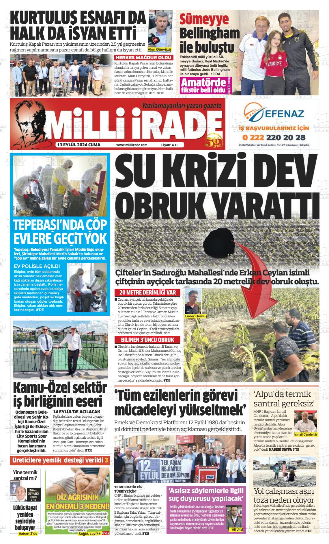 13 Eylül 2024 Milli İrade Gazete Manşeti