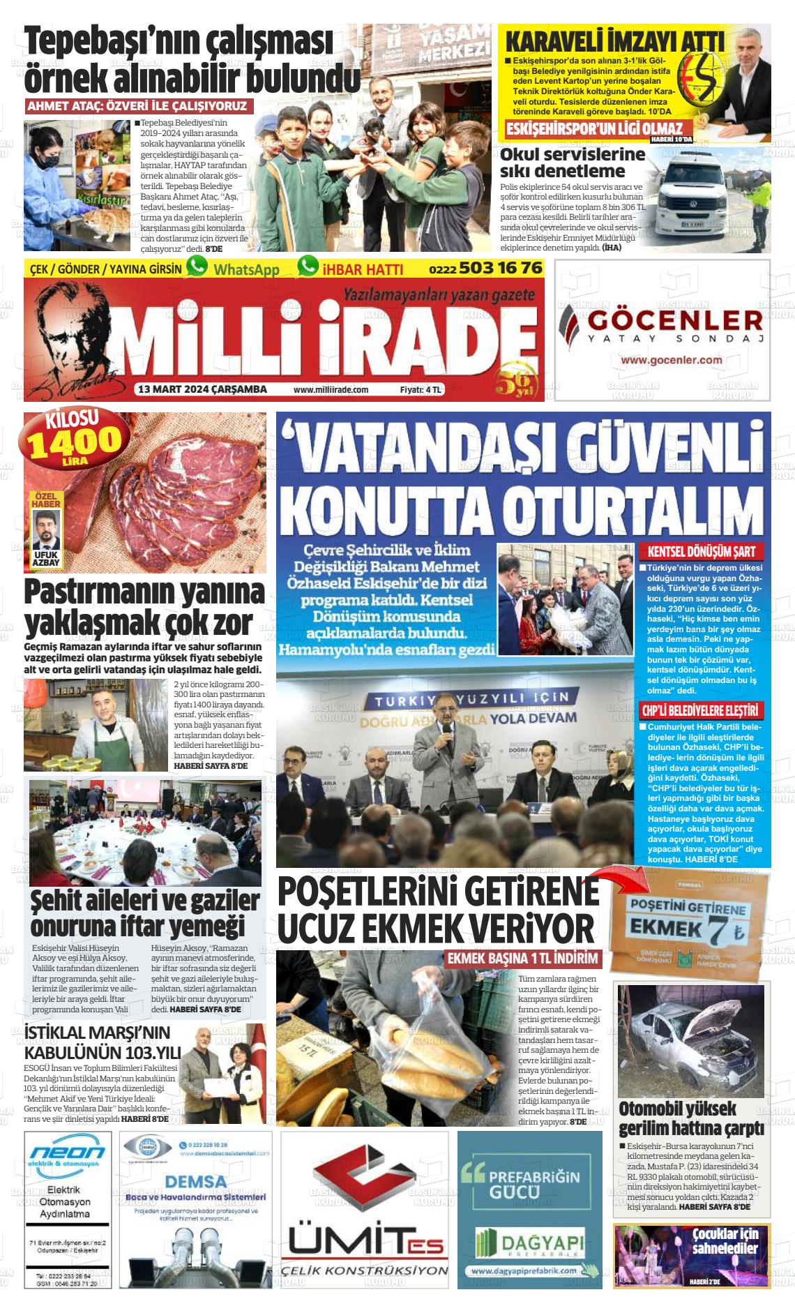 13 Mart 2024 Milli İrade Gazete Manşeti