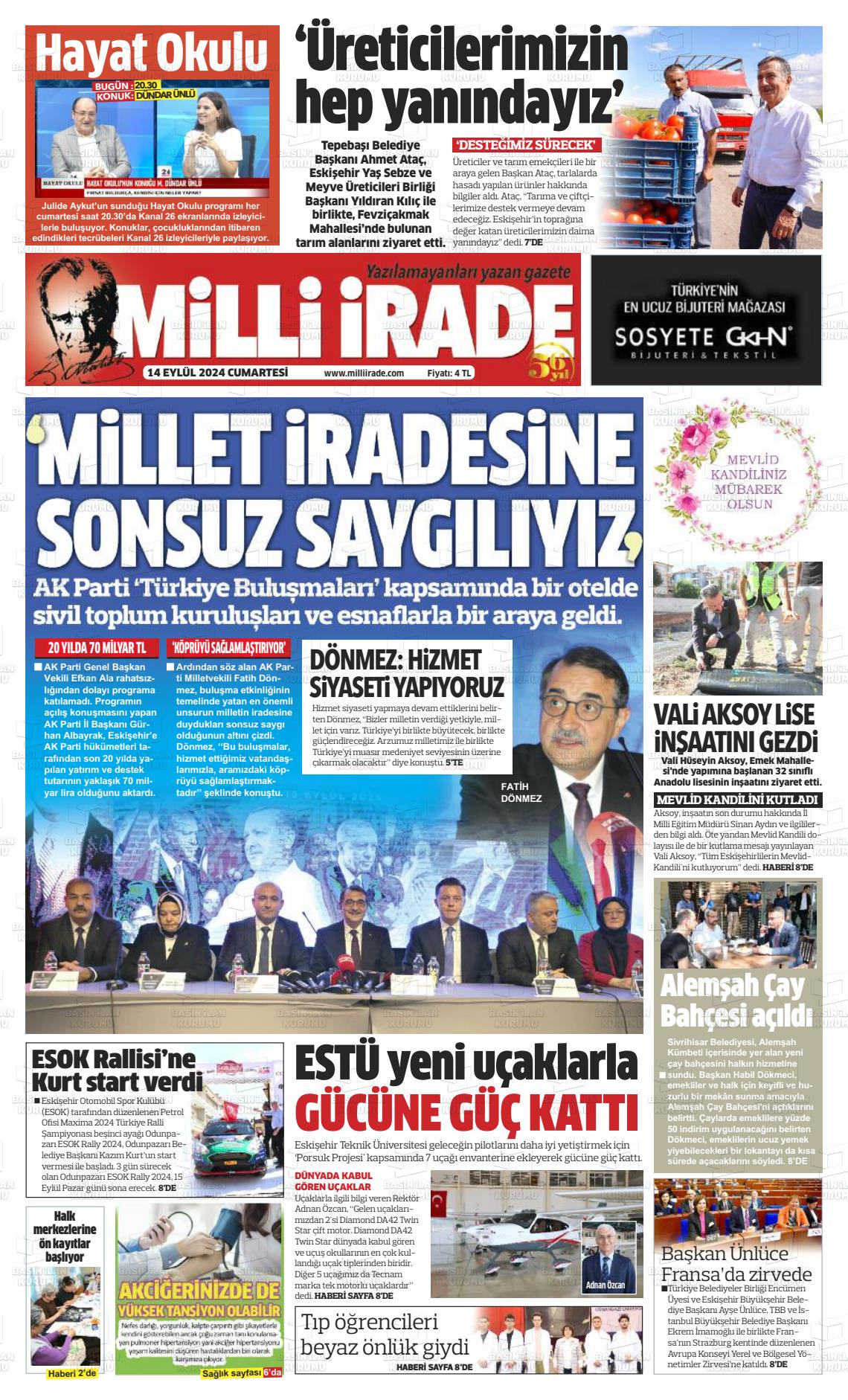 14 Eylül 2024 Milli İrade Gazete Manşeti