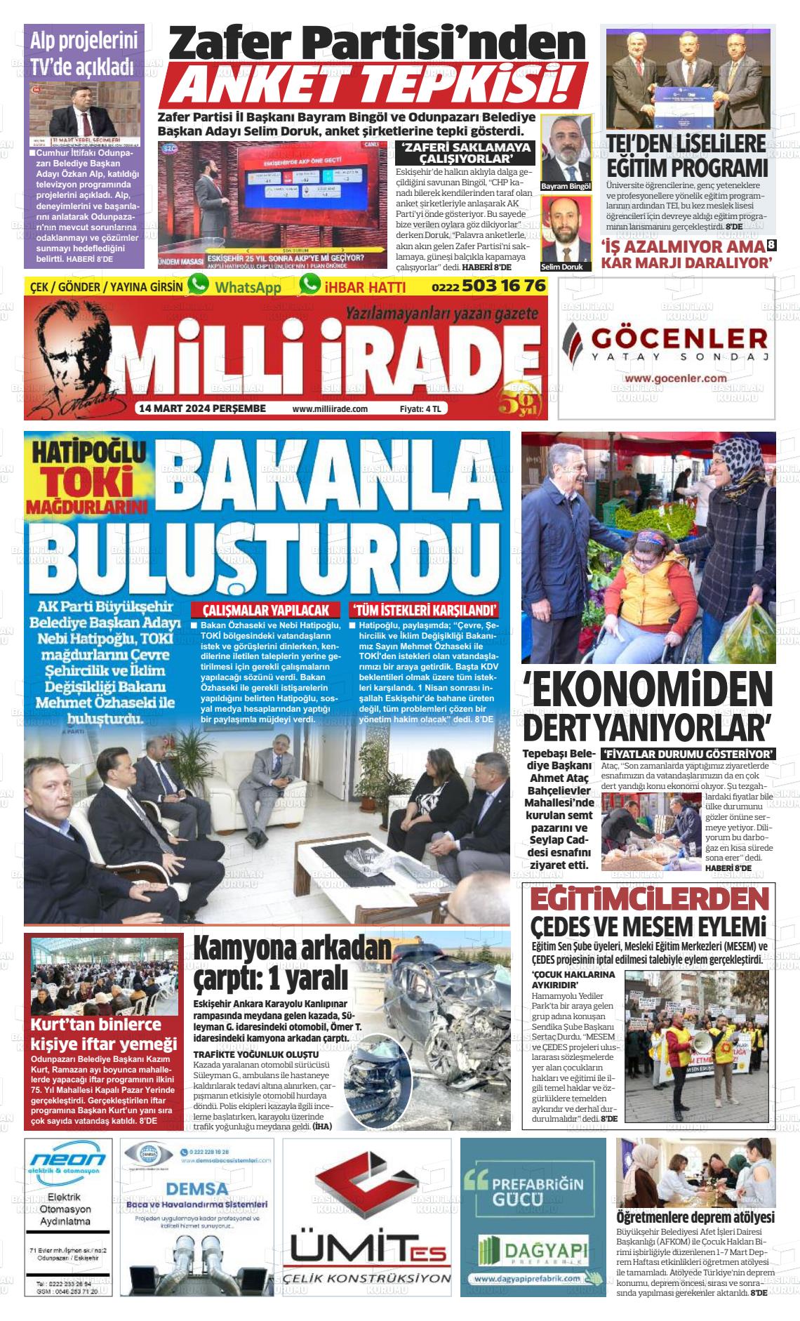 14 Mart 2024 Milli İrade Gazete Manşeti