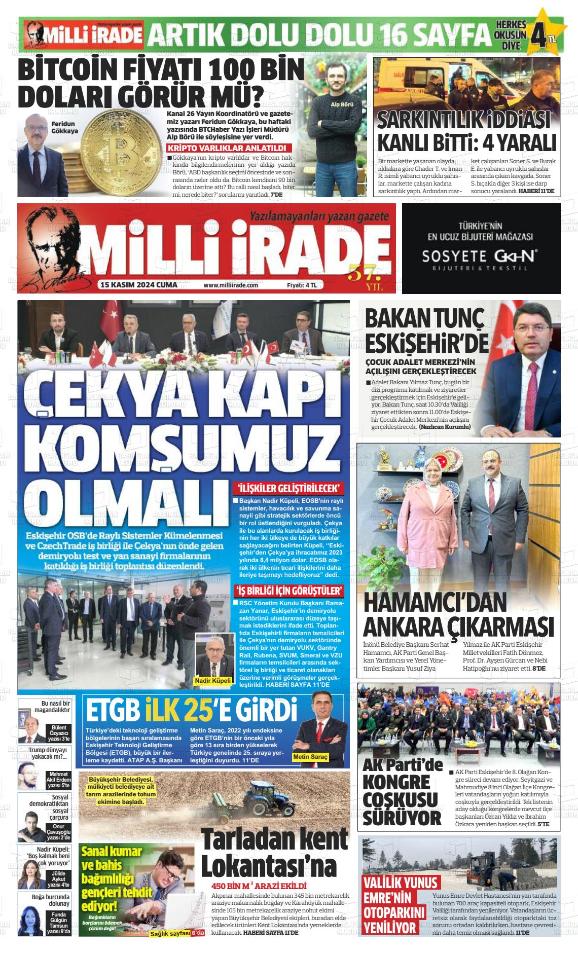 15 Kasım 2024 Milli İrade Gazete Manşeti