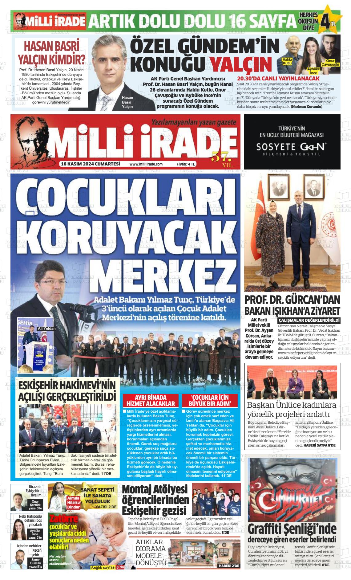 16 Kasım 2024 Milli İrade Gazete Manşeti