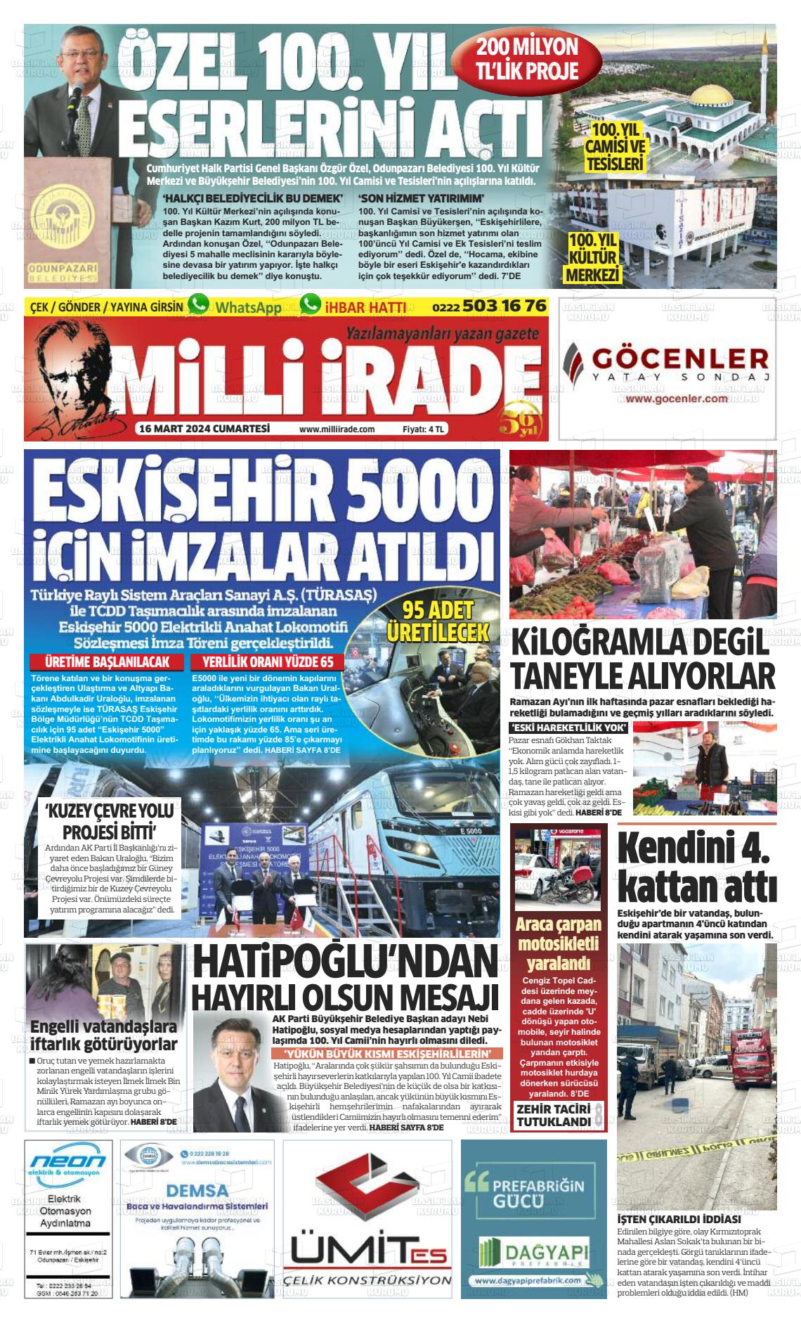 16 Mart 2024 Milli İrade Gazete Manşeti