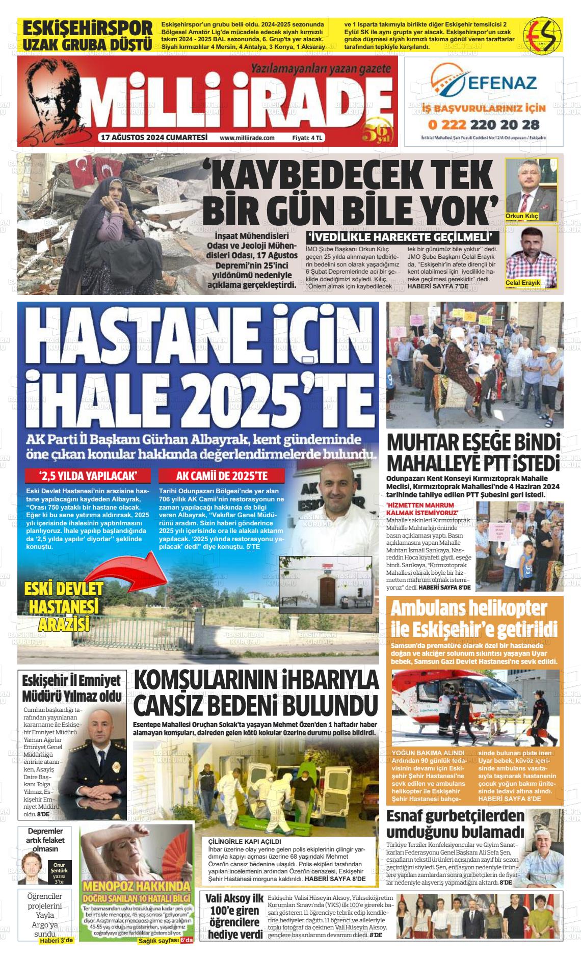 17 Ağustos 2024 Milli İrade Gazete Manşeti