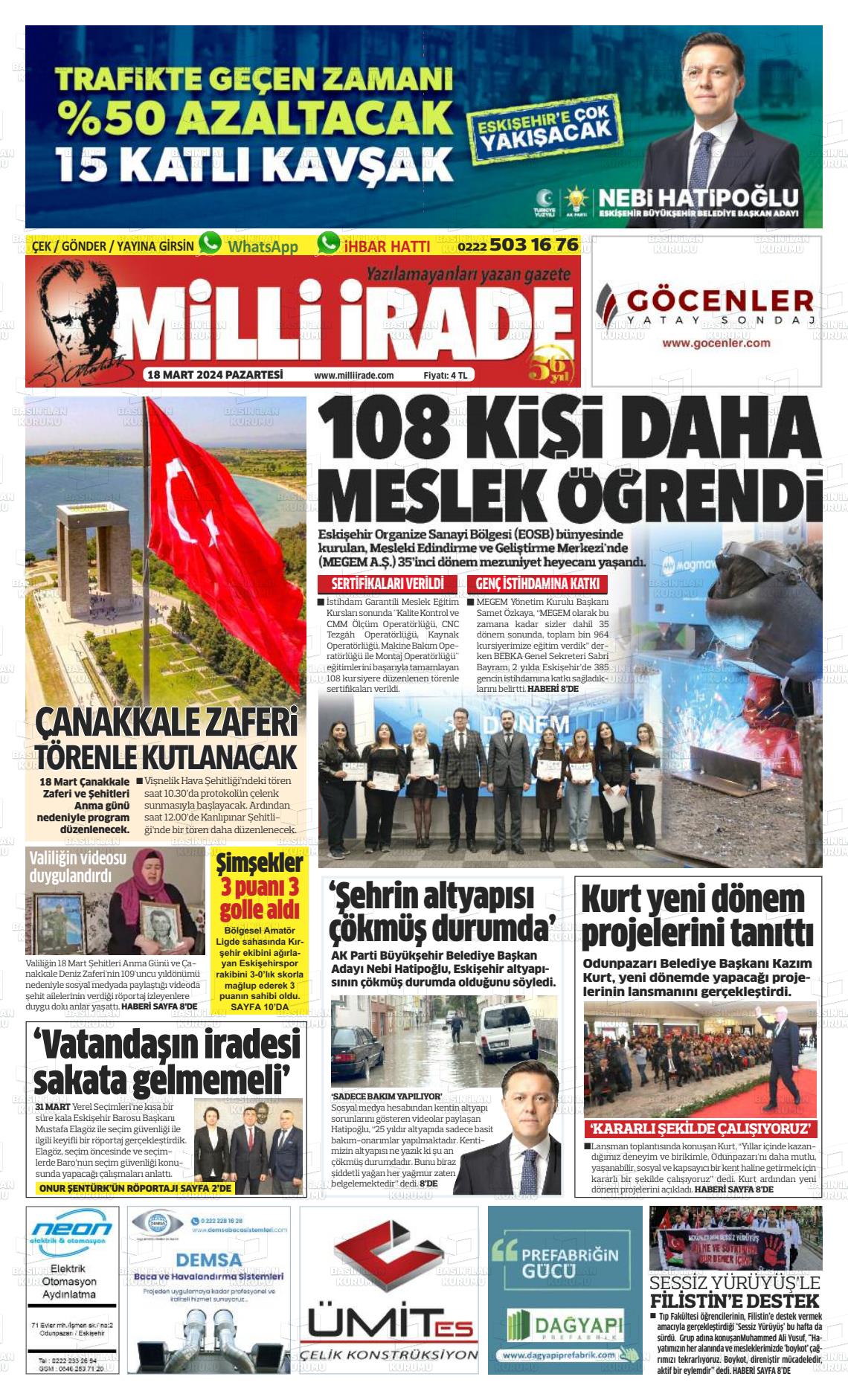 18 Mart 2024 Milli İrade Gazete Manşeti