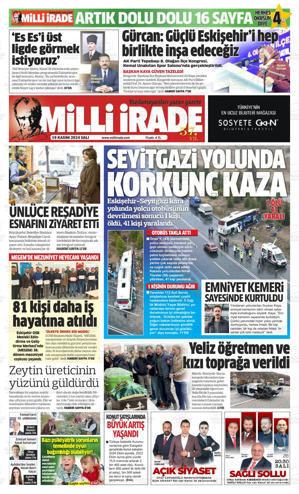 19 Kasım 2024 Milli İrade Gazete Manşeti