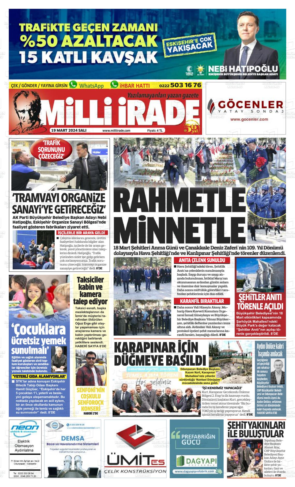 19 Mart 2024 Milli İrade Gazete Manşeti