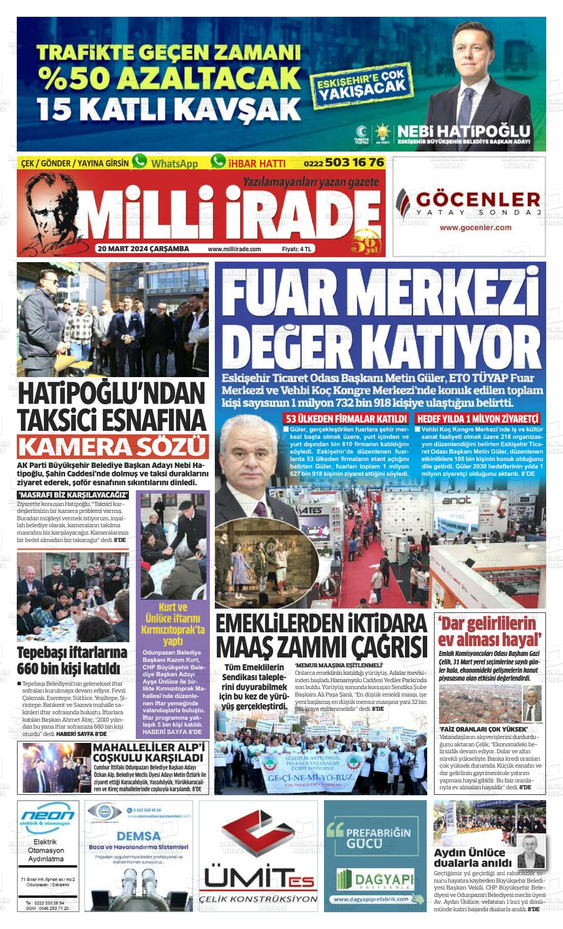 20 Mart 2024 Milli İrade Gazete Manşeti