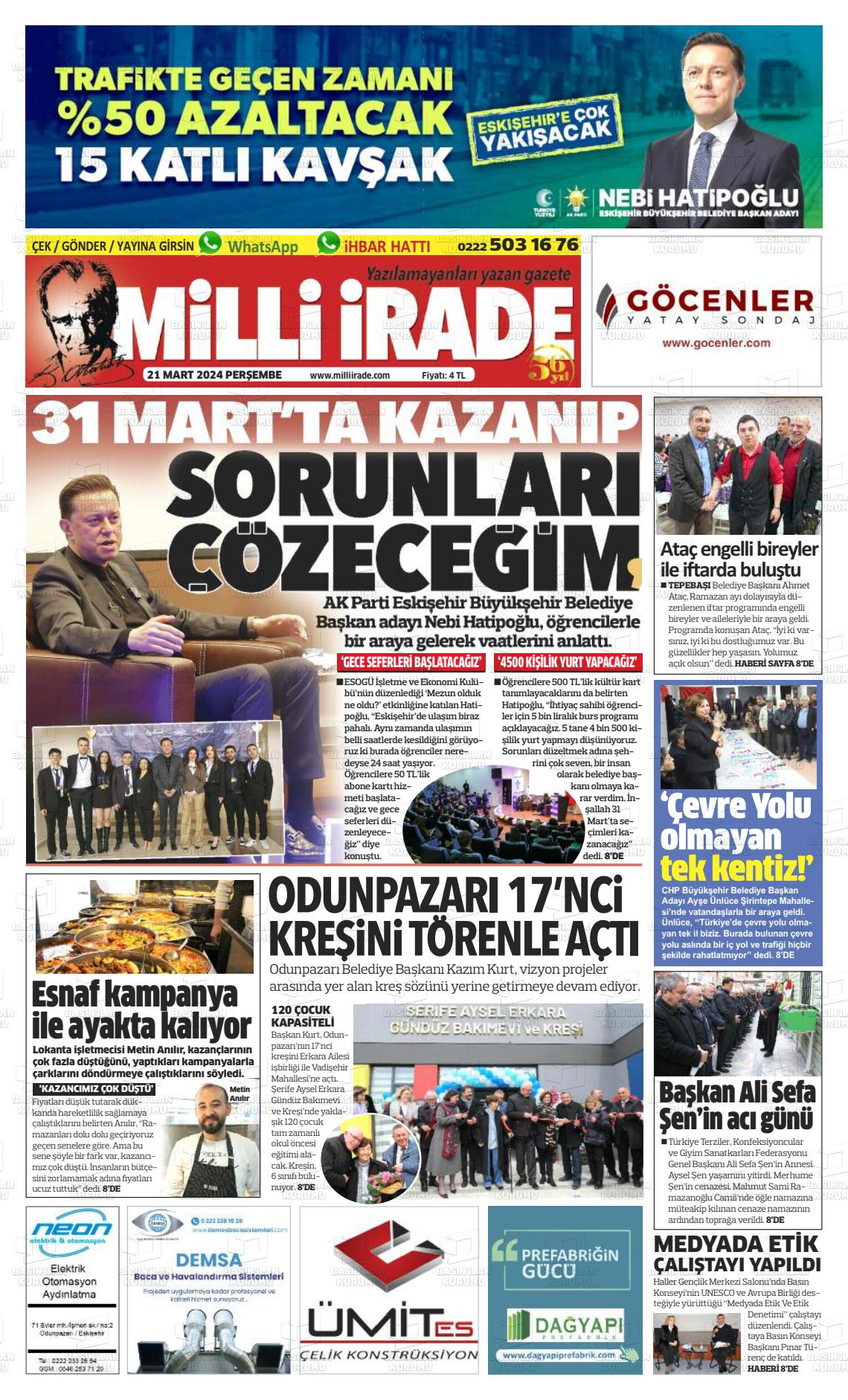 21 Mart 2024 Milli İrade Gazete Manşeti