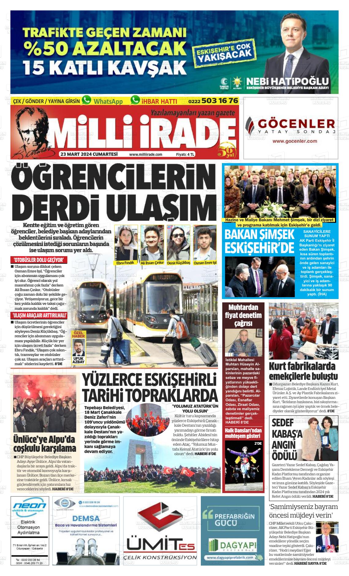 23 Mart 2024 Milli İrade Gazete Manşeti