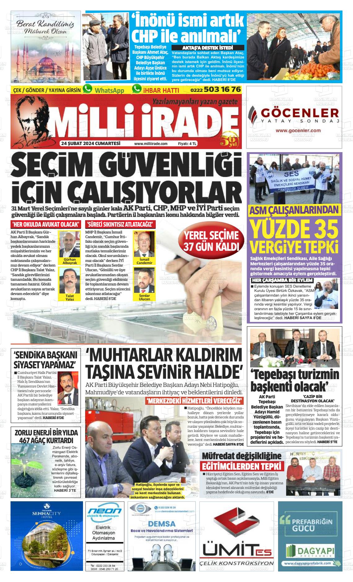 24 Şubat 2024 Milli İrade Gazete Manşeti