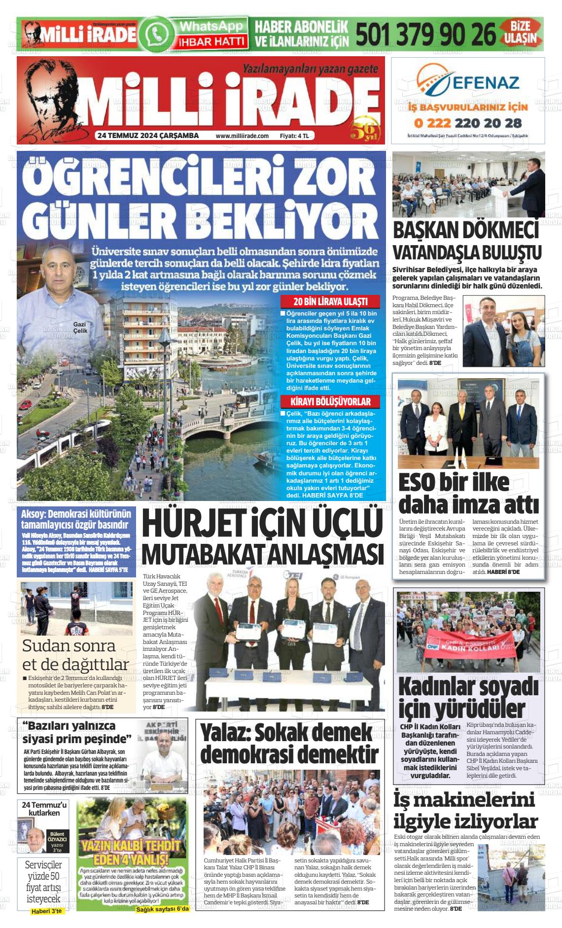 24 Temmuz 2024 Milli İrade Gazete Manşeti