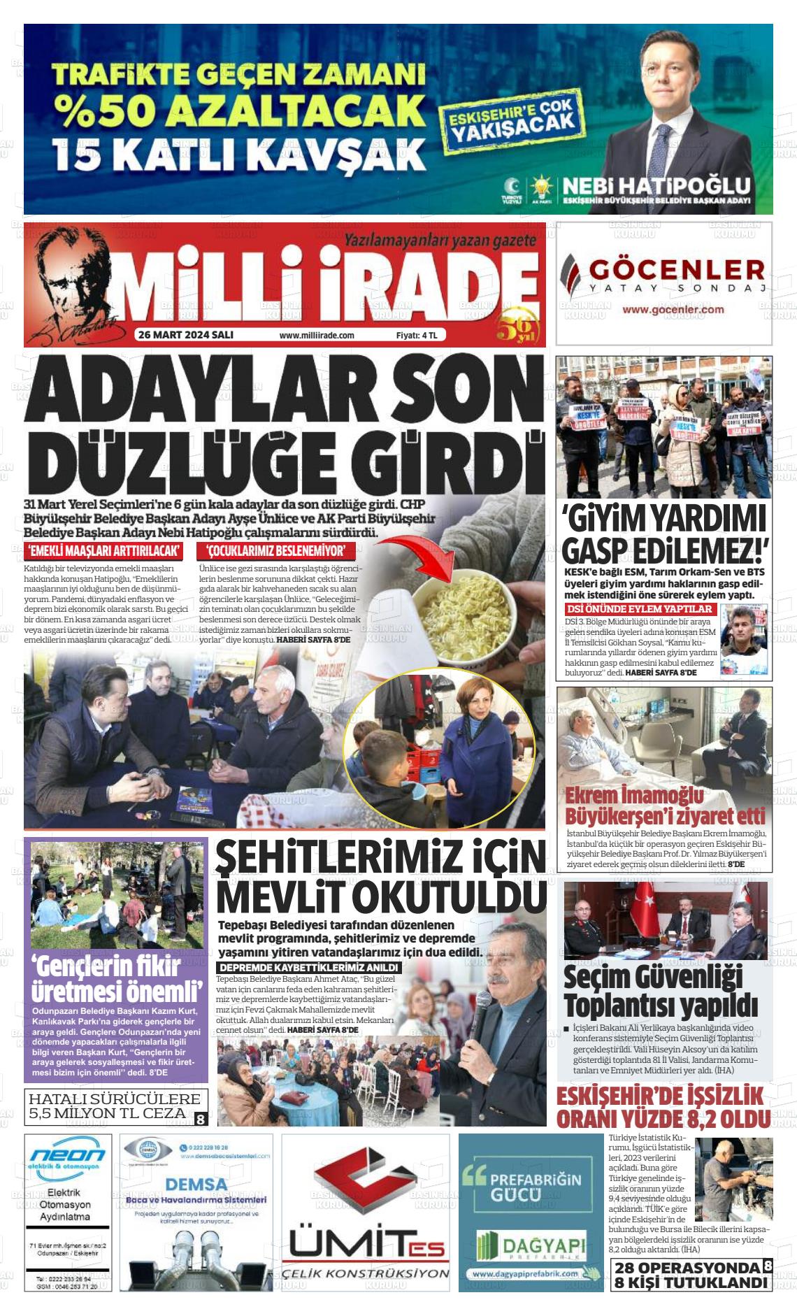 26 Mart 2024 Milli İrade Gazete Manşeti