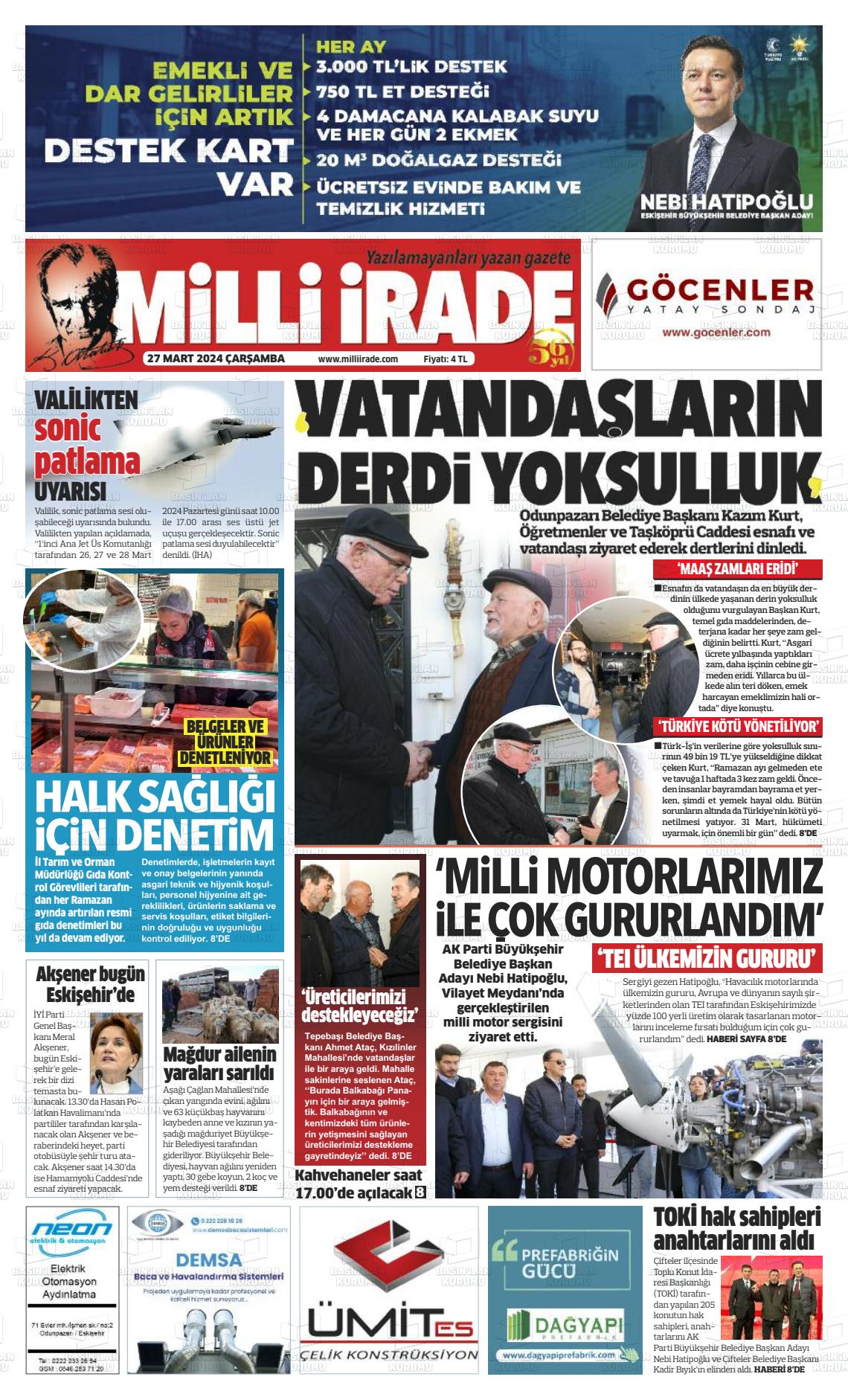 27 Mart 2024 Milli İrade Gazete Manşeti