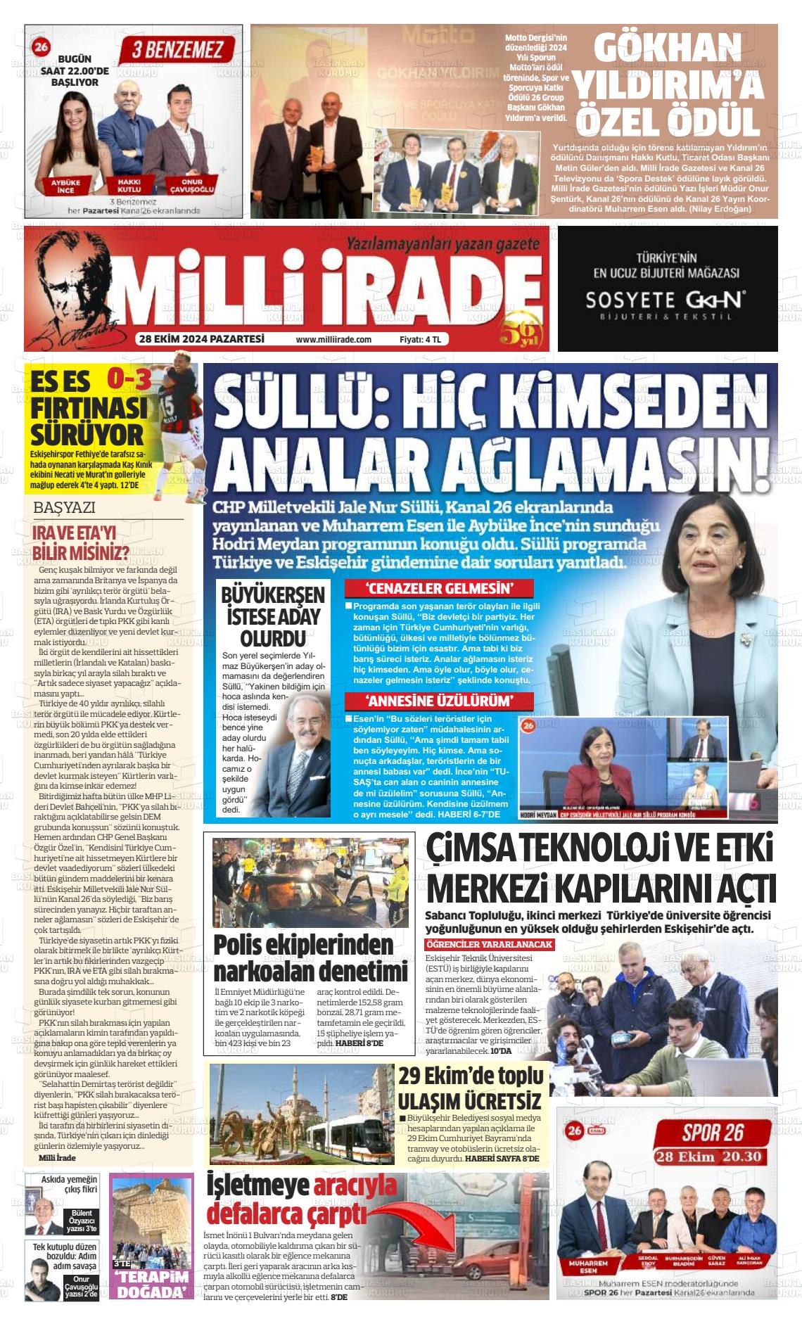 28 Ekim 2024 Milli İrade Gazete Manşeti