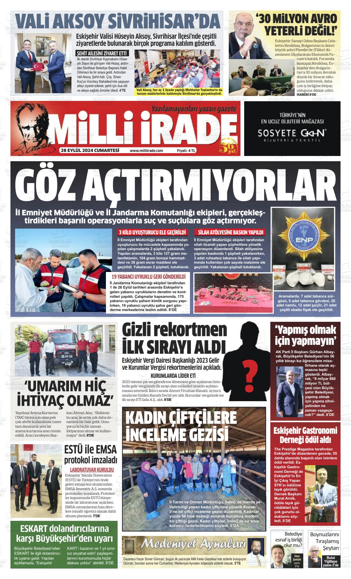 28 Eylül 2024 Milli İrade Gazete Manşeti