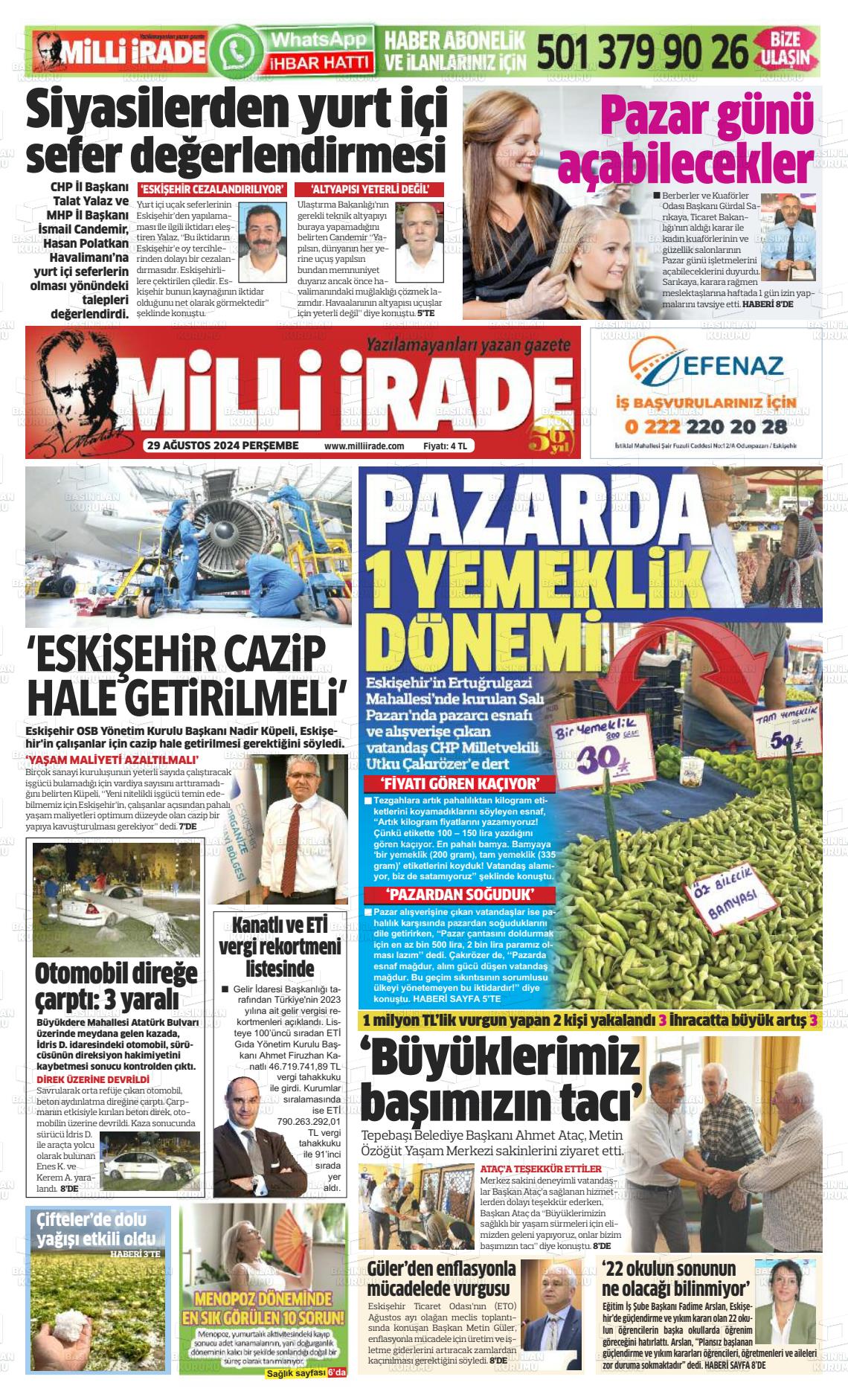 29 Ağustos 2024 Milli İrade Gazete Manşeti