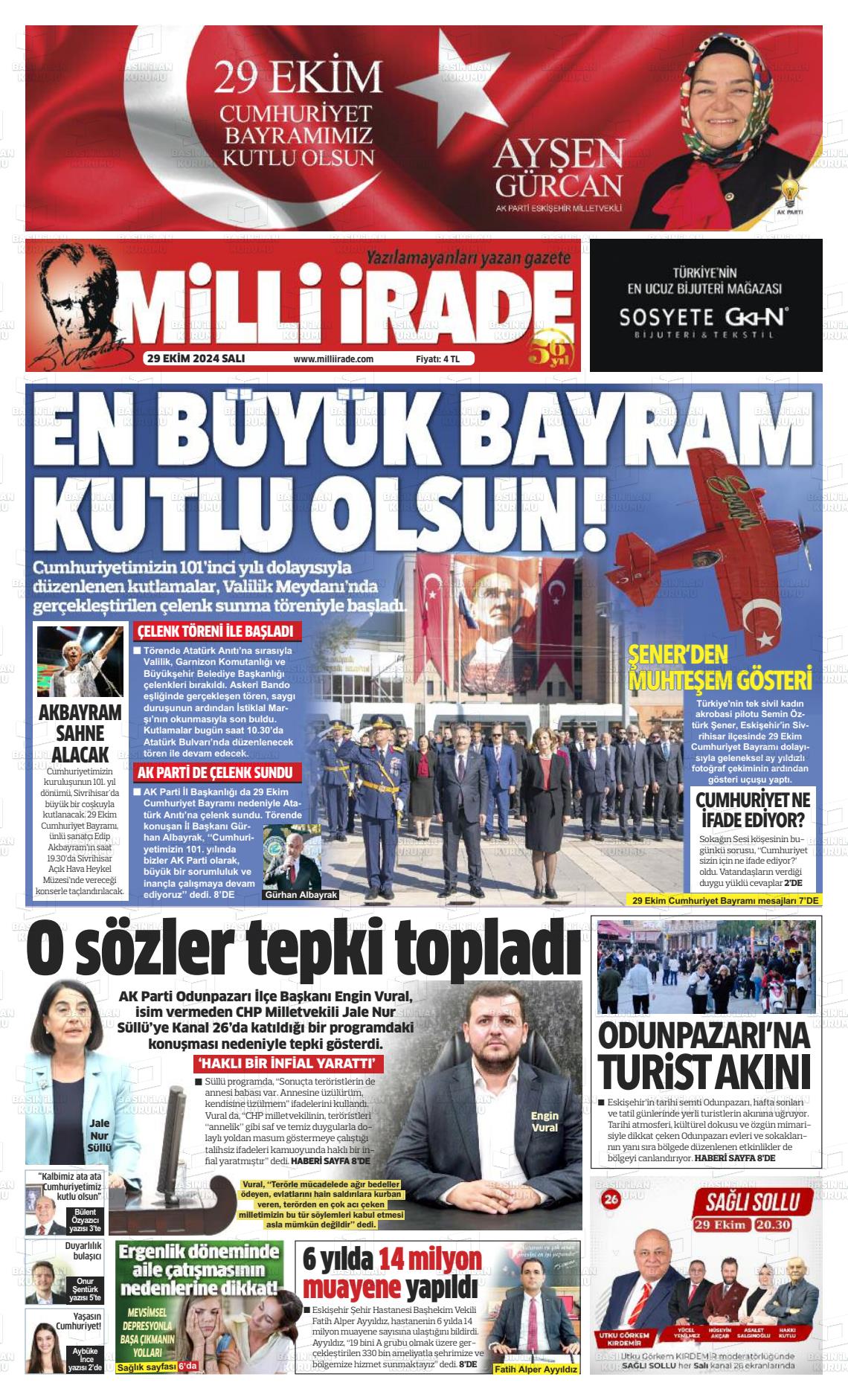 29 Ekim 2024 Milli İrade Gazete Manşeti