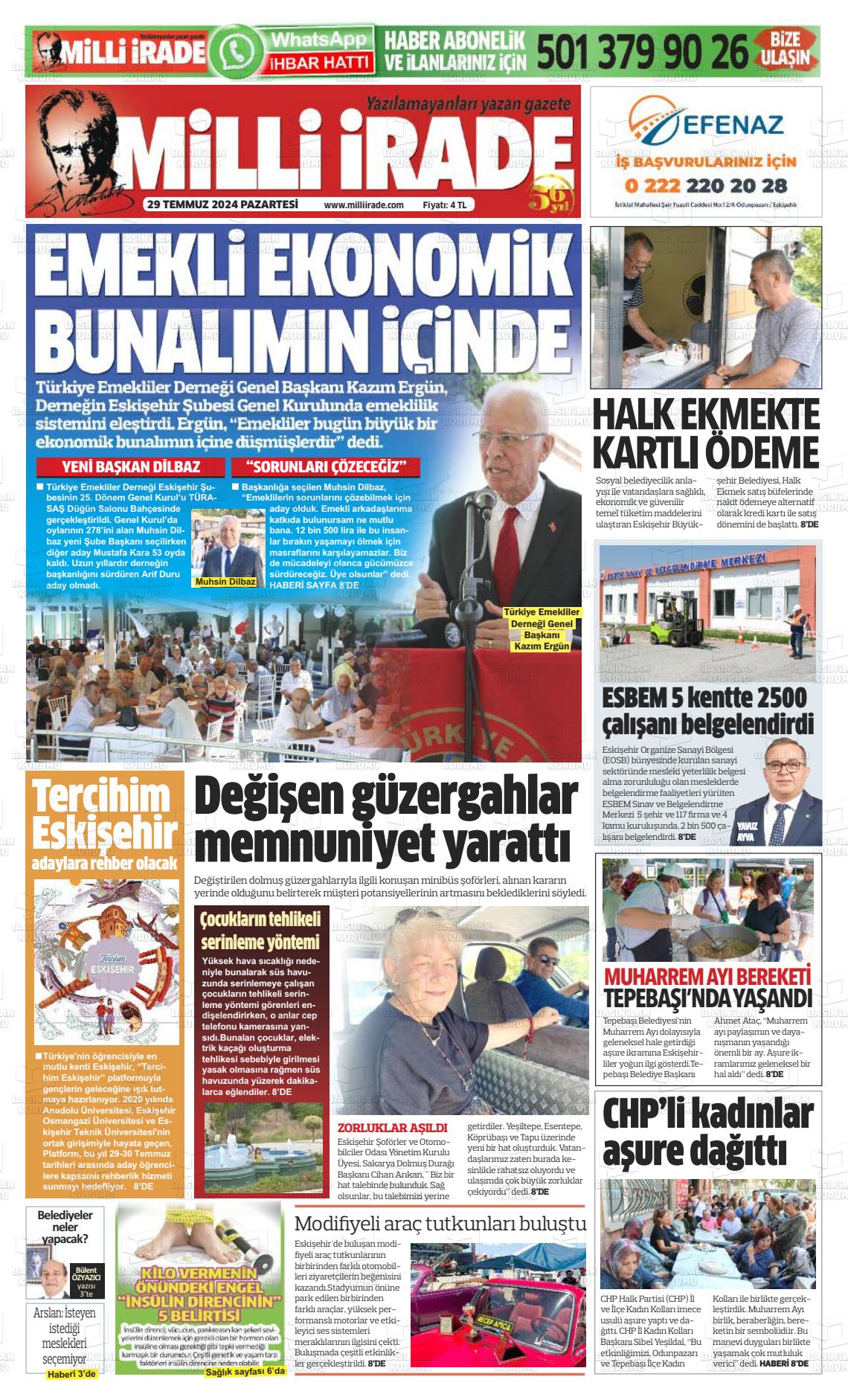 29 Temmuz 2024 Milli İrade Gazete Manşeti