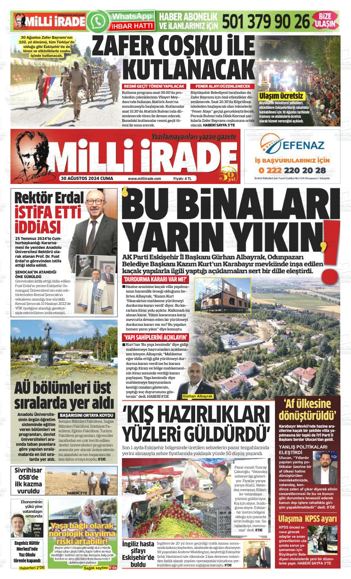 30 Ağustos 2024 Milli İrade Gazete Manşeti