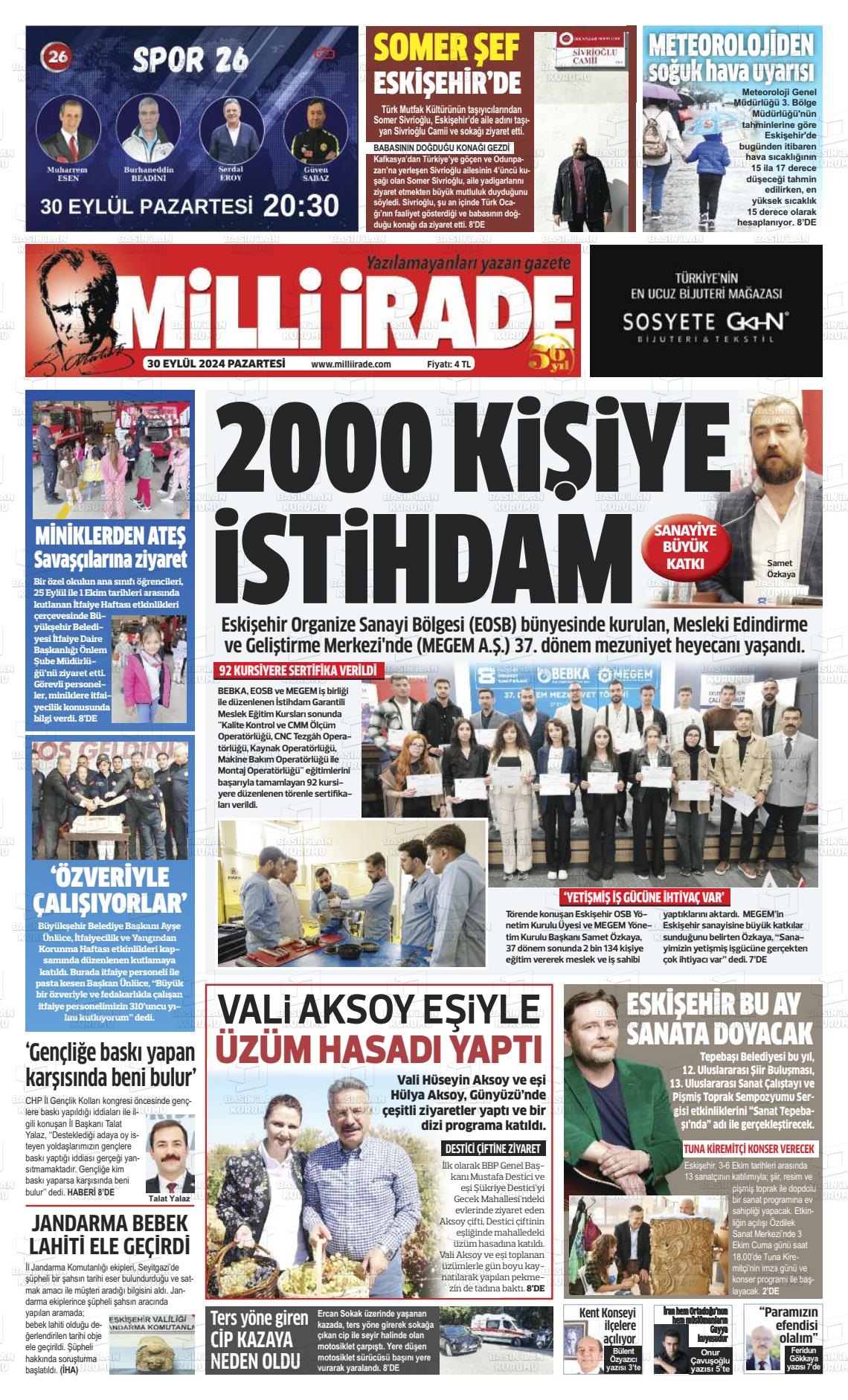 30 Eylül 2024 Milli İrade Gazete Manşeti