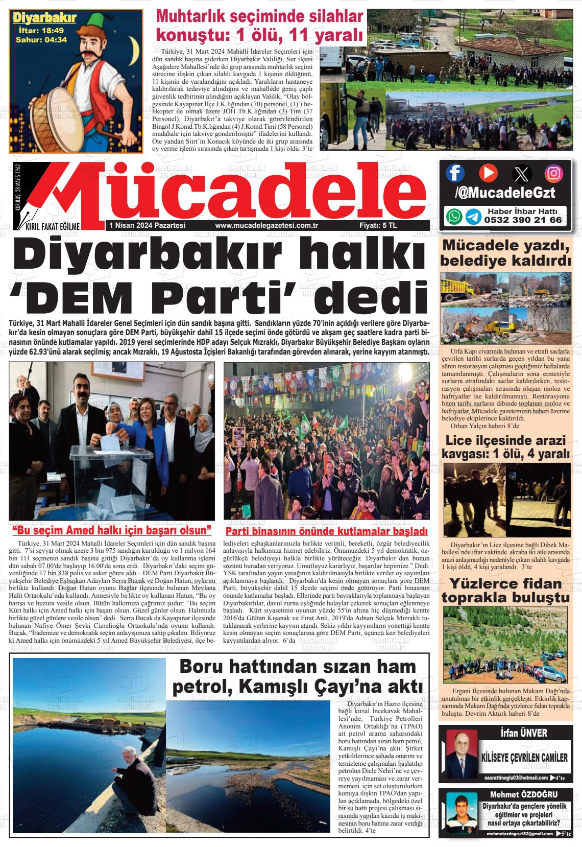 01 Nisan 2024 Mücadele Gazete Manşeti