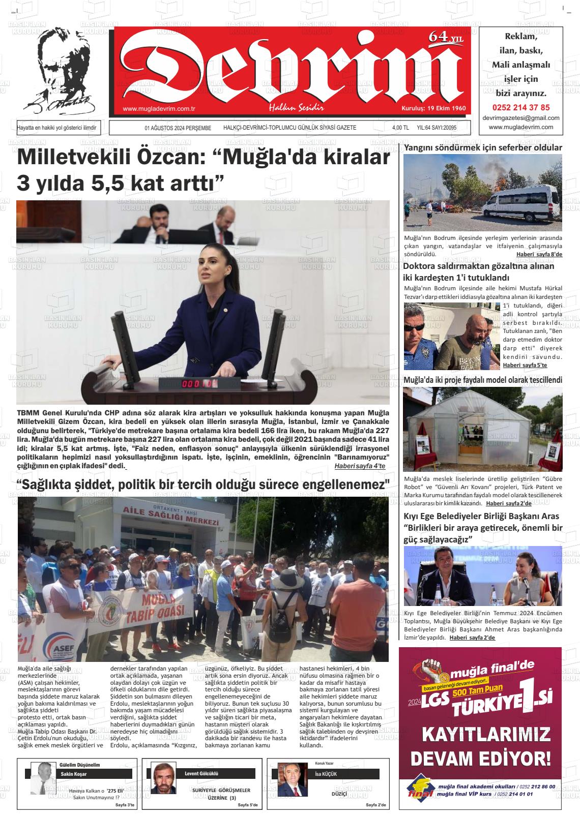 01 Ağustos 2024 Muğla Devrim Gazete Manşeti