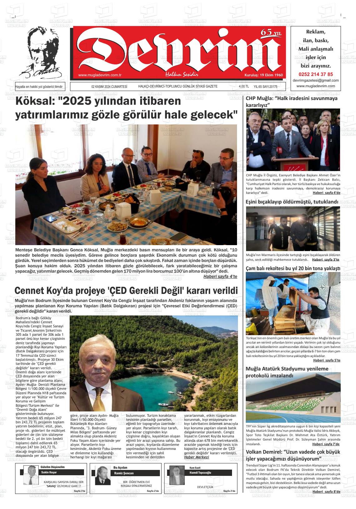 02 Kasım 2024 Muğla Devrim Gazete Manşeti