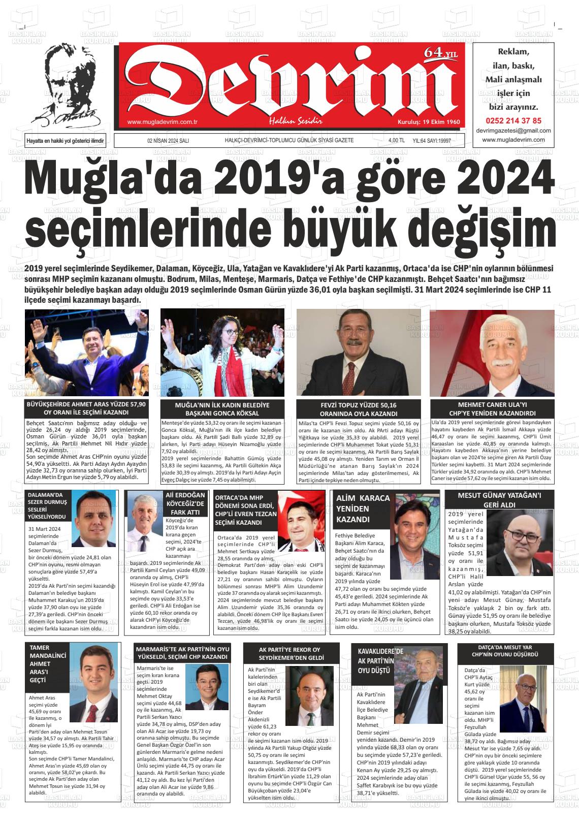 02 Nisan 2024 Muğla Devrim Gazete Manşeti