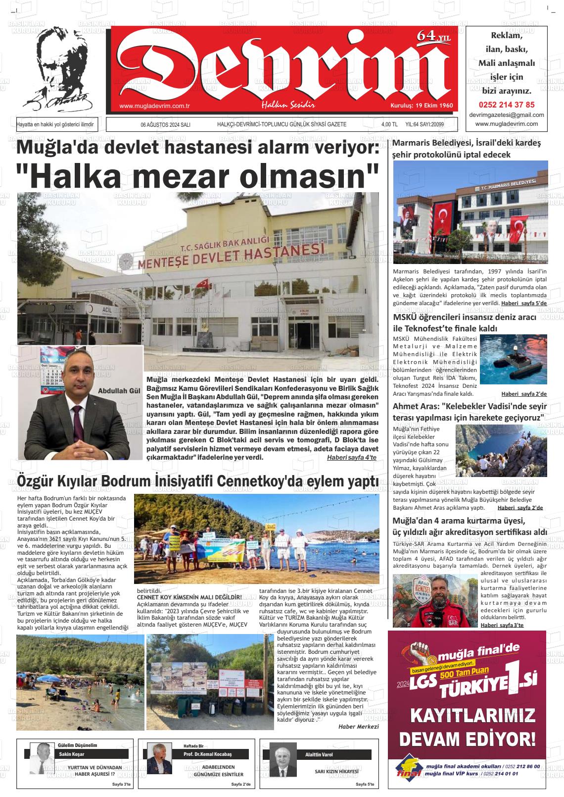 06 Ağustos 2024 Muğla Devrim Gazete Manşeti