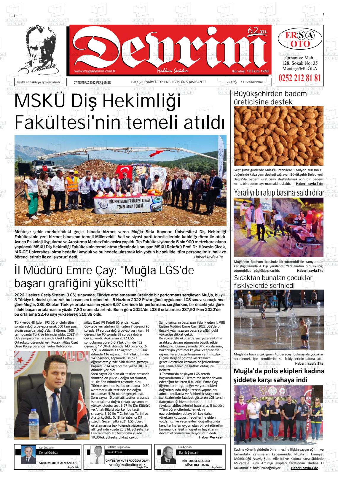 07 Temmuz 2022 Muğla Devrim Gazete Manşeti