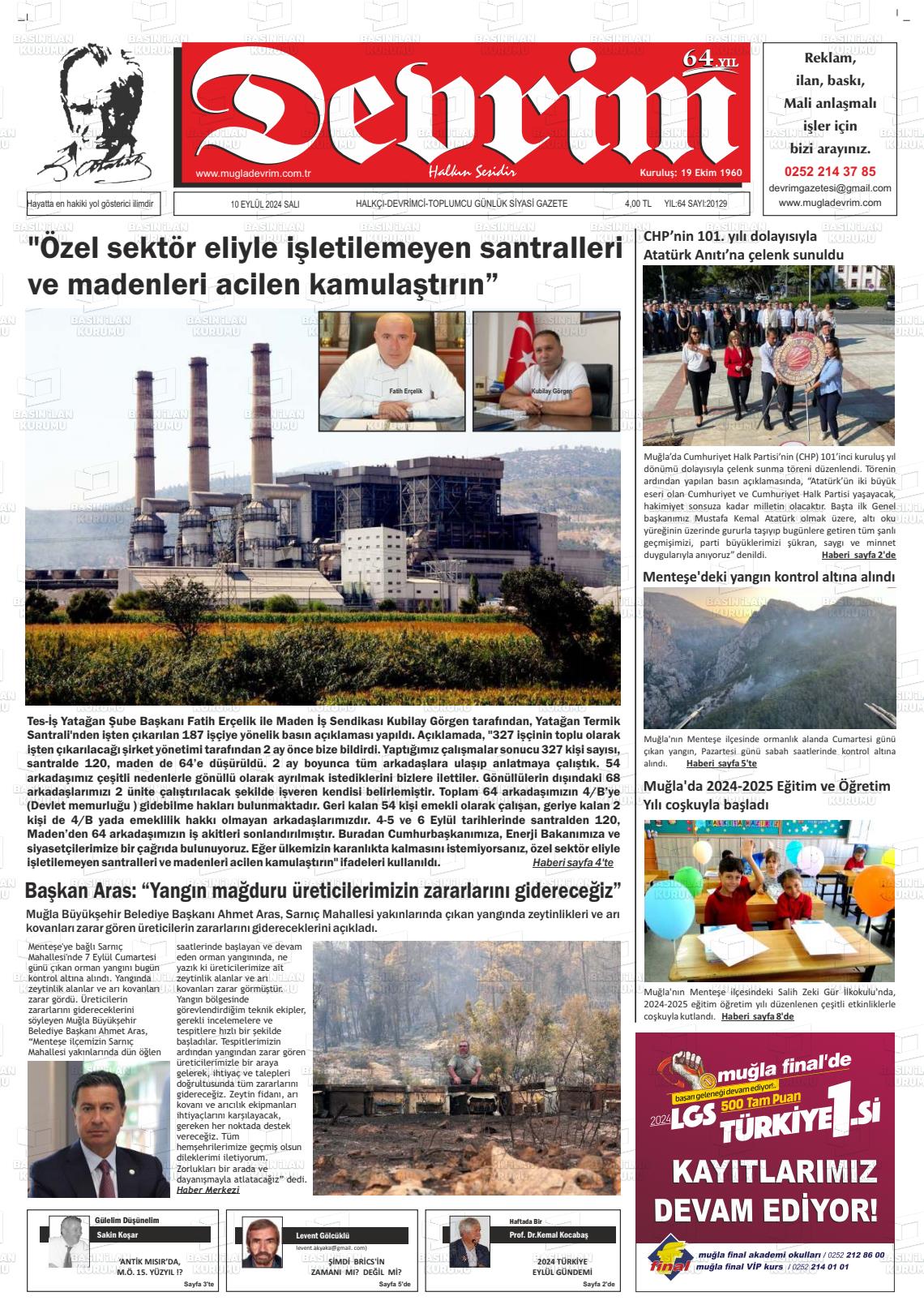 10 Eylül 2024 Muğla Devrim Gazete Manşeti