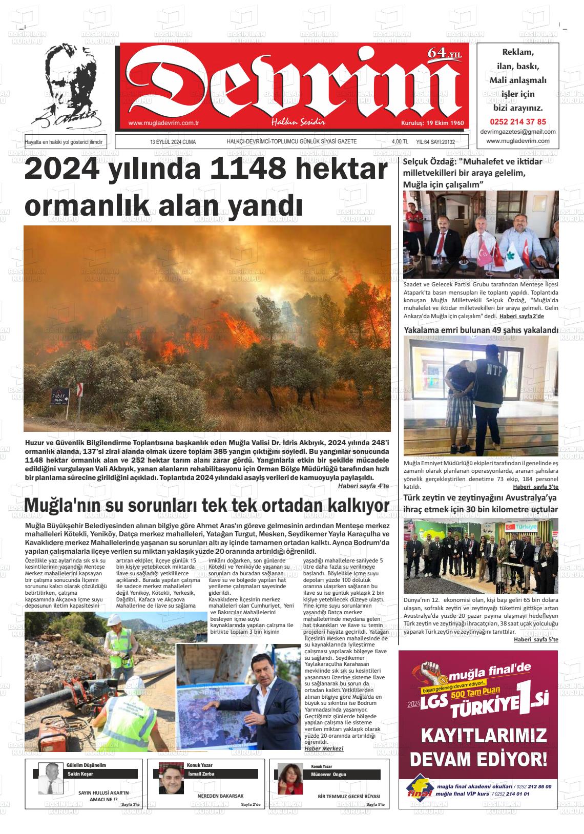 13 Eylül 2024 Muğla Devrim Gazete Manşeti