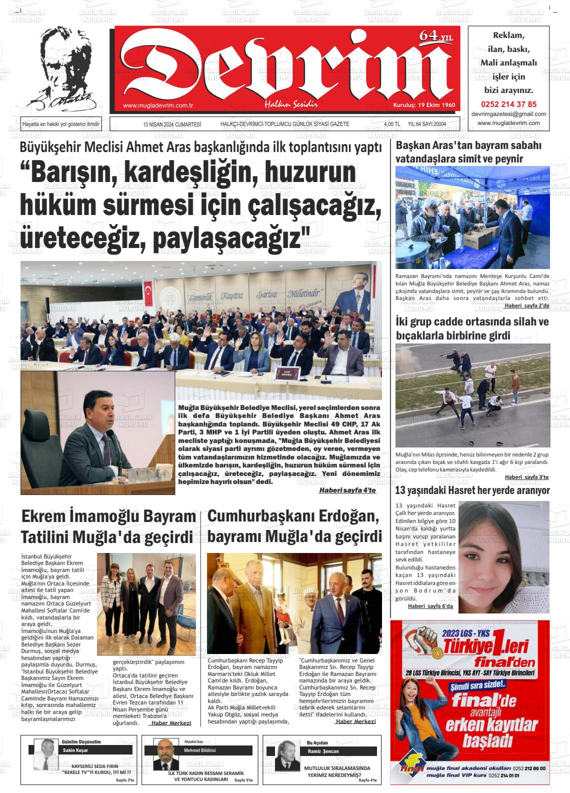 13 Nisan 2024 Muğla Devrim Gazete Manşeti