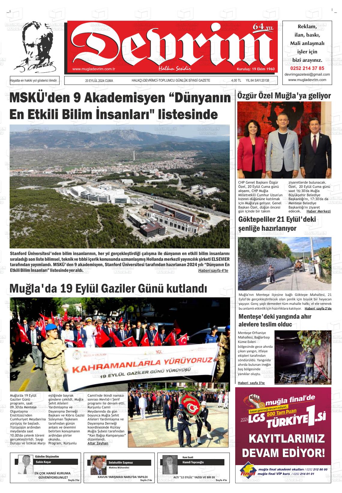 20 Eylül 2024 Muğla Devrim Gazete Manşeti