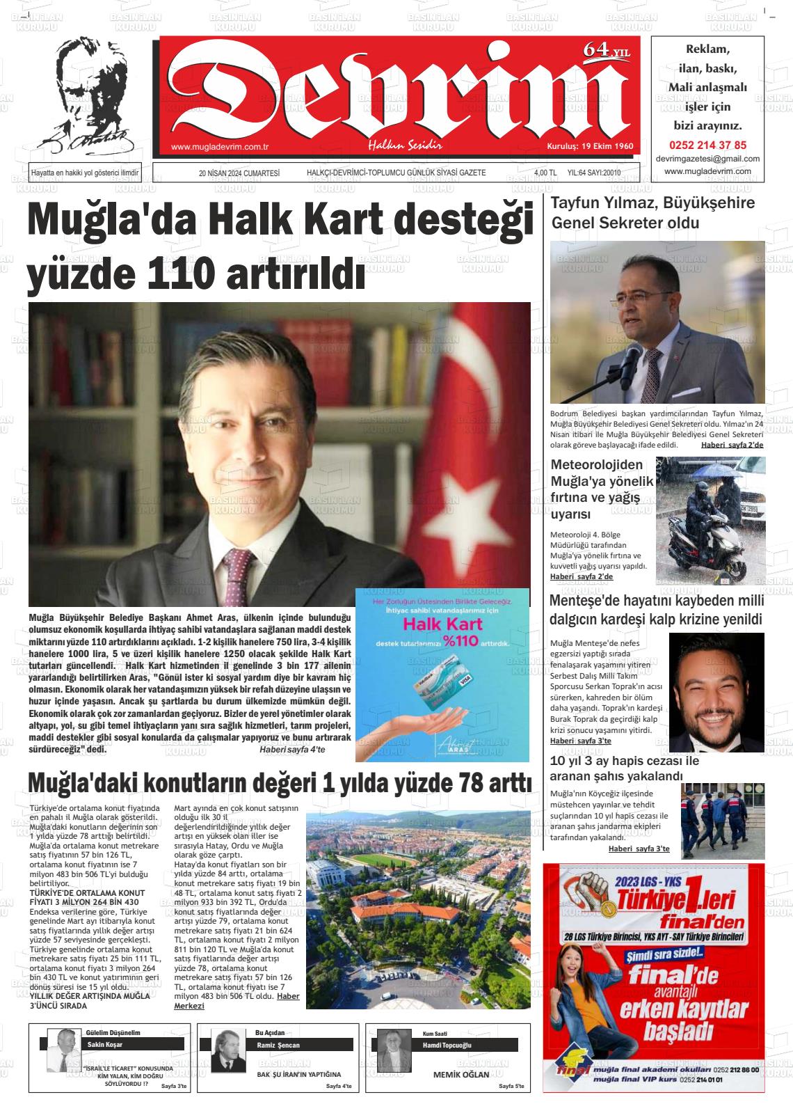 20 Nisan 2024 Muğla Devrim Gazete Manşeti